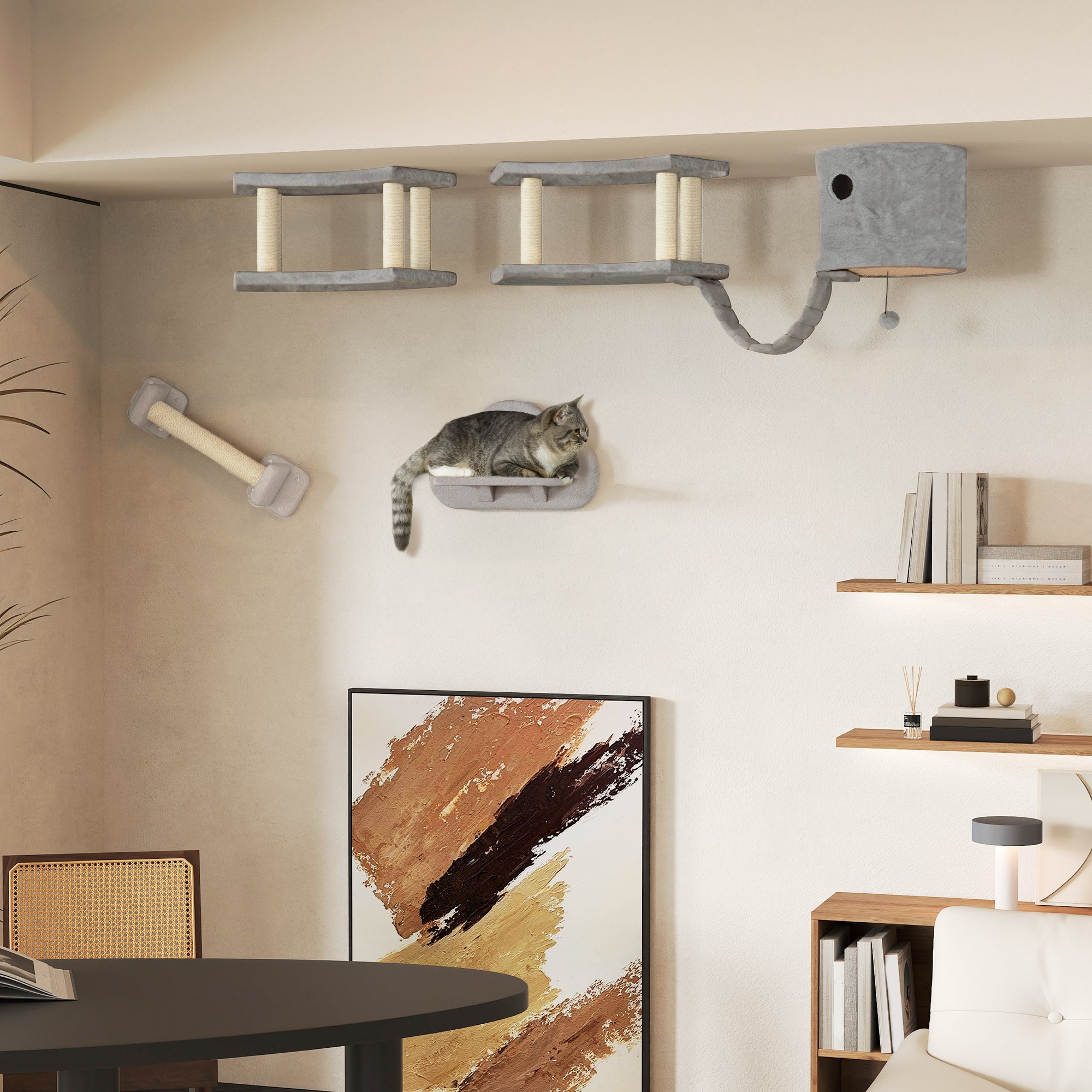 Cat Wall Shelves, 4PCs Cat Shelves with Scratching Post, Jumping Platforms, Ladder, Condo, Ceiling Wall Mounted Cat Climber, Light Grey