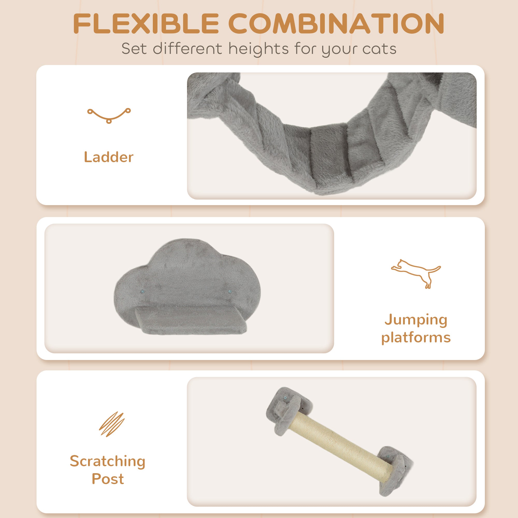 Cat Wall Shelves, 4PCs Cat Shelves with Scratching Post, Jumping Platforms, Ladder, Condo, Ceiling Wall Mounted Cat Climber, Light Grey