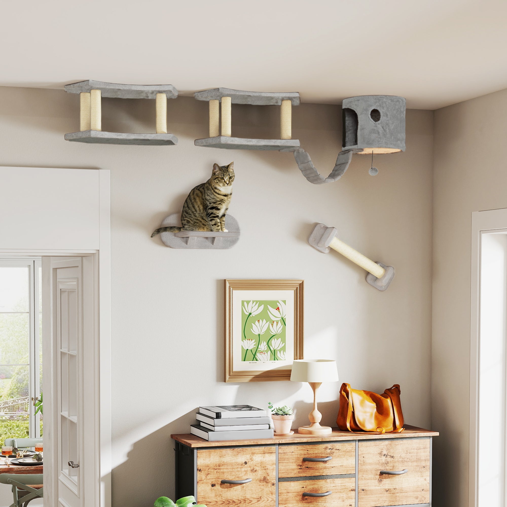Cat Wall Shelves, 4PCs Cat Shelves with Scratching Post, Jumping Platforms, Ladder, Condo, Ceiling Wall Mounted Cat Climber, Light Grey