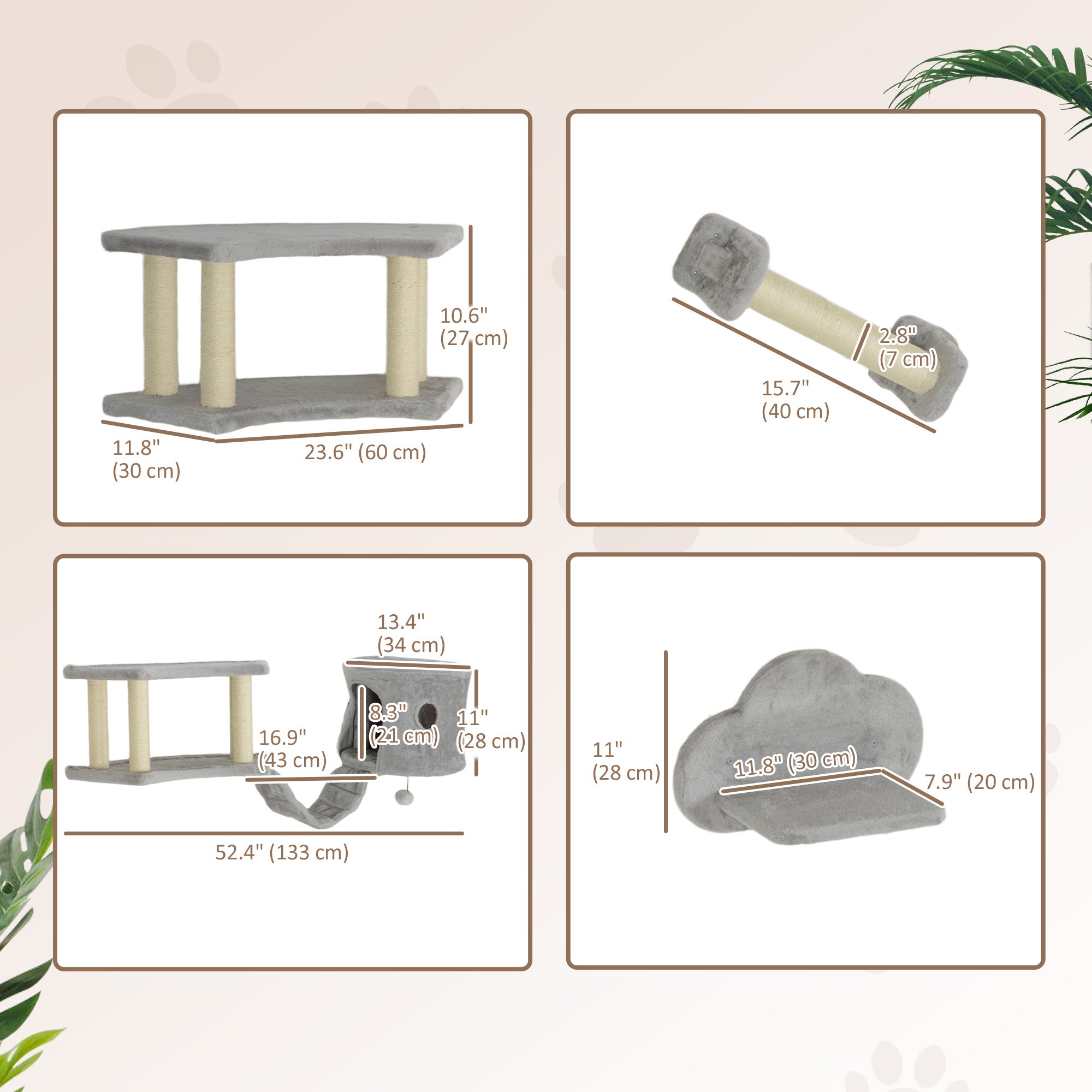Cat Wall Shelves, 4PCs Cat Shelves with Scratching Post, Jumping Platforms, Ladder, Condo, Ceiling Wall Mounted Cat Climber, Light Grey