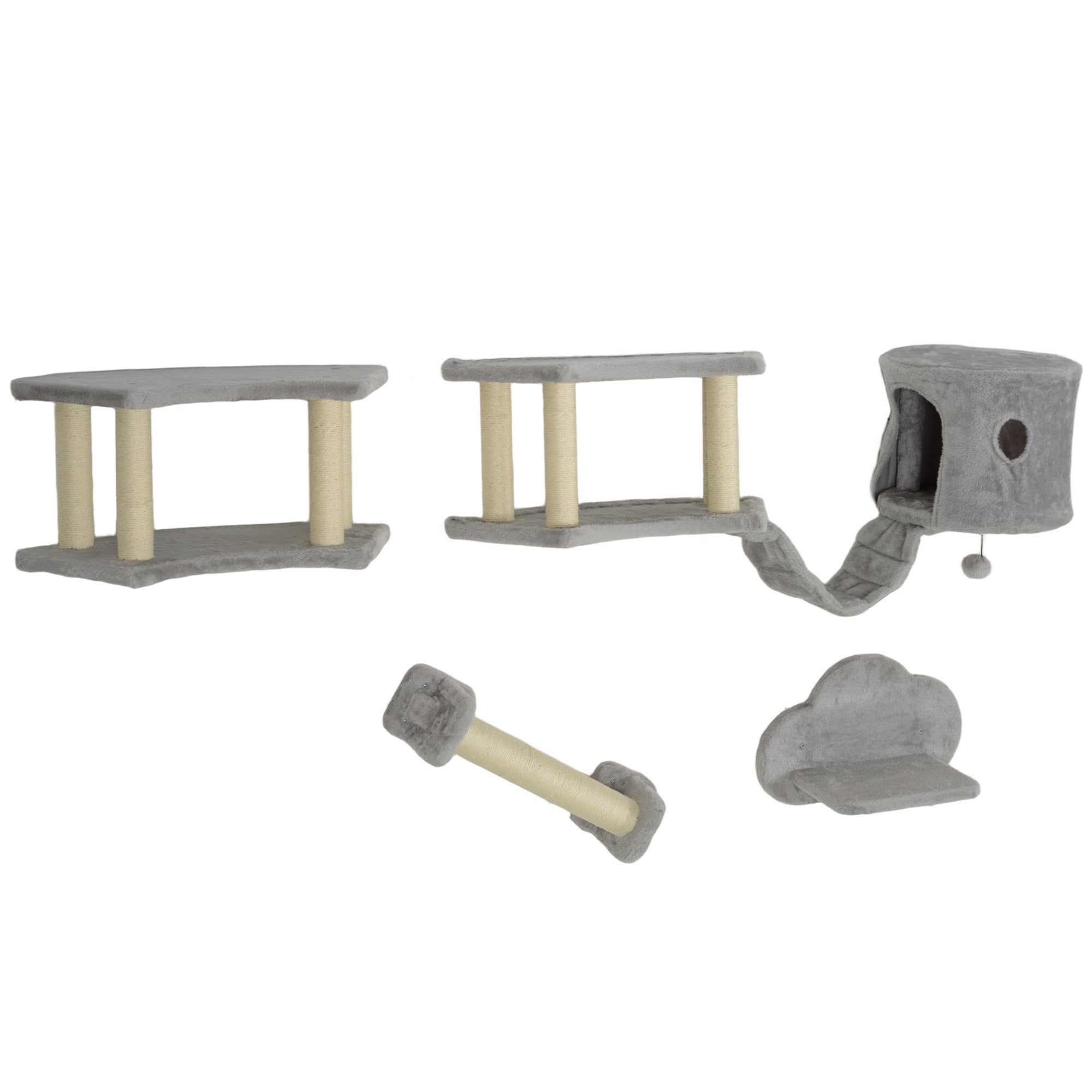 Cat Wall Shelves, 4PCs Cat Shelves with Scratching Post, Jumping Platforms, Ladder, Condo, Ceiling Wall Mounted Cat Climber, Light Grey
