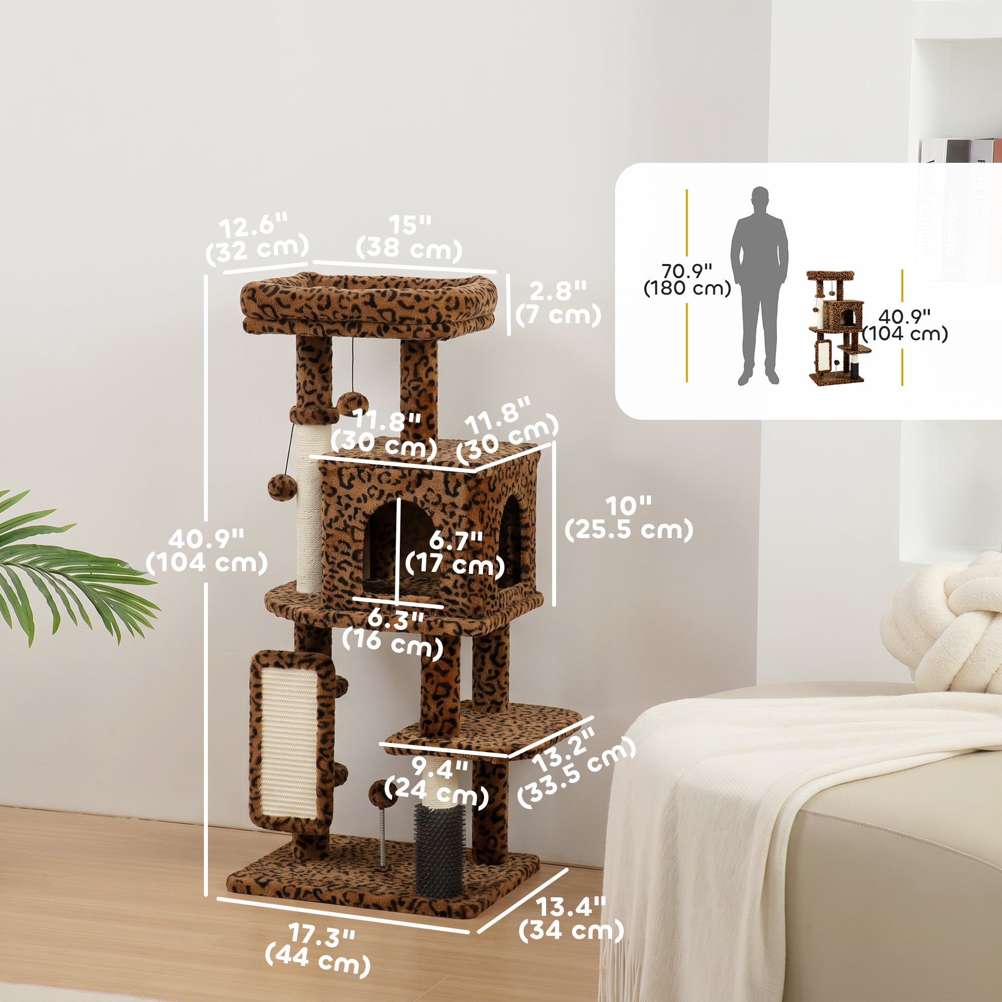 Cat Tree for Large Cat Adults, 41 Inch Cat Tower for Indoor Cats w/ Scratching Posts, Cat Bed, Condo, Jumping Platforms, Toy Balls, Leopard Print