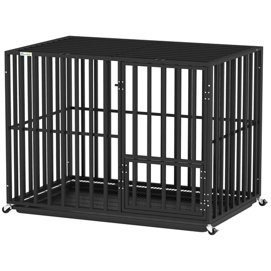 Heavy Duty Dog Crate, Dog Cage with Wheels for Extra Large Breeds, Metal Pet Crate with Removable Tray and 3 Doors for Indoor & Outdoor, 107 x 69 x 81 cm, Black