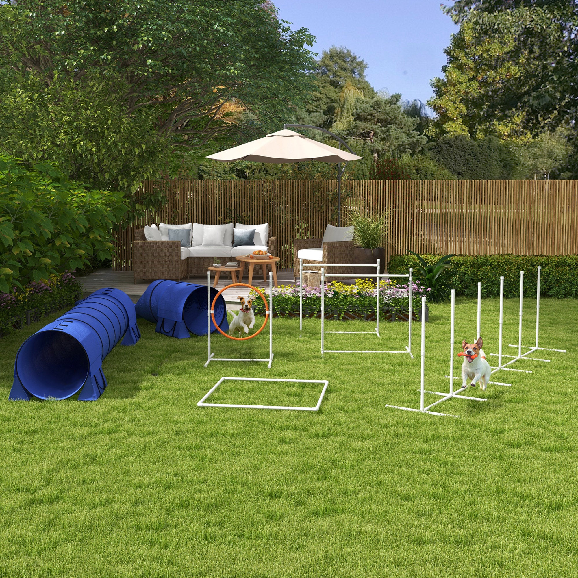 7Pcs Dog Agility Training Equipment 11.5KG Net Weight, Obstacle Starter Kit with 2 Tunnels, Adjustable Jump Ring, 2 Jumpers, Weave Poles, Pause Box, Carrying Bag, Whistle