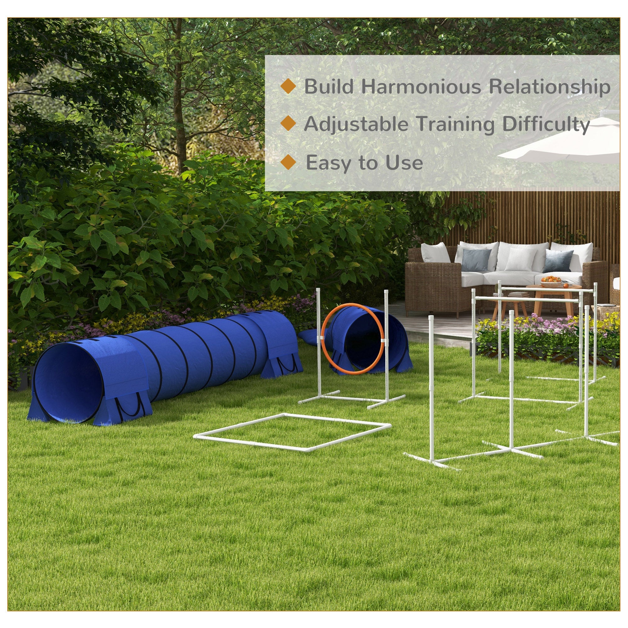 7Pcs Dog Agility Training Equipment 11.5KG Net Weight, Obstacle Starter Kit with 2 Tunnels, Adjustable Jump Ring, 2 Jumpers, Weave Poles, Pause Box, Carrying Bag, Whistle