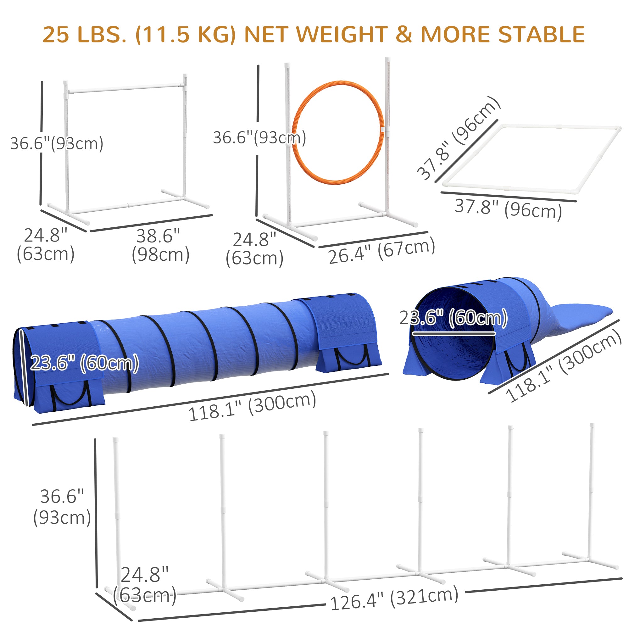 7Pcs Dog Agility Training Equipment 11.5KG Net Weight, Obstacle Starter Kit with 2 Tunnels, Adjustable Jump Ring, 2 Jumpers, Weave Poles, Pause Box, Carrying Bag, Whistle