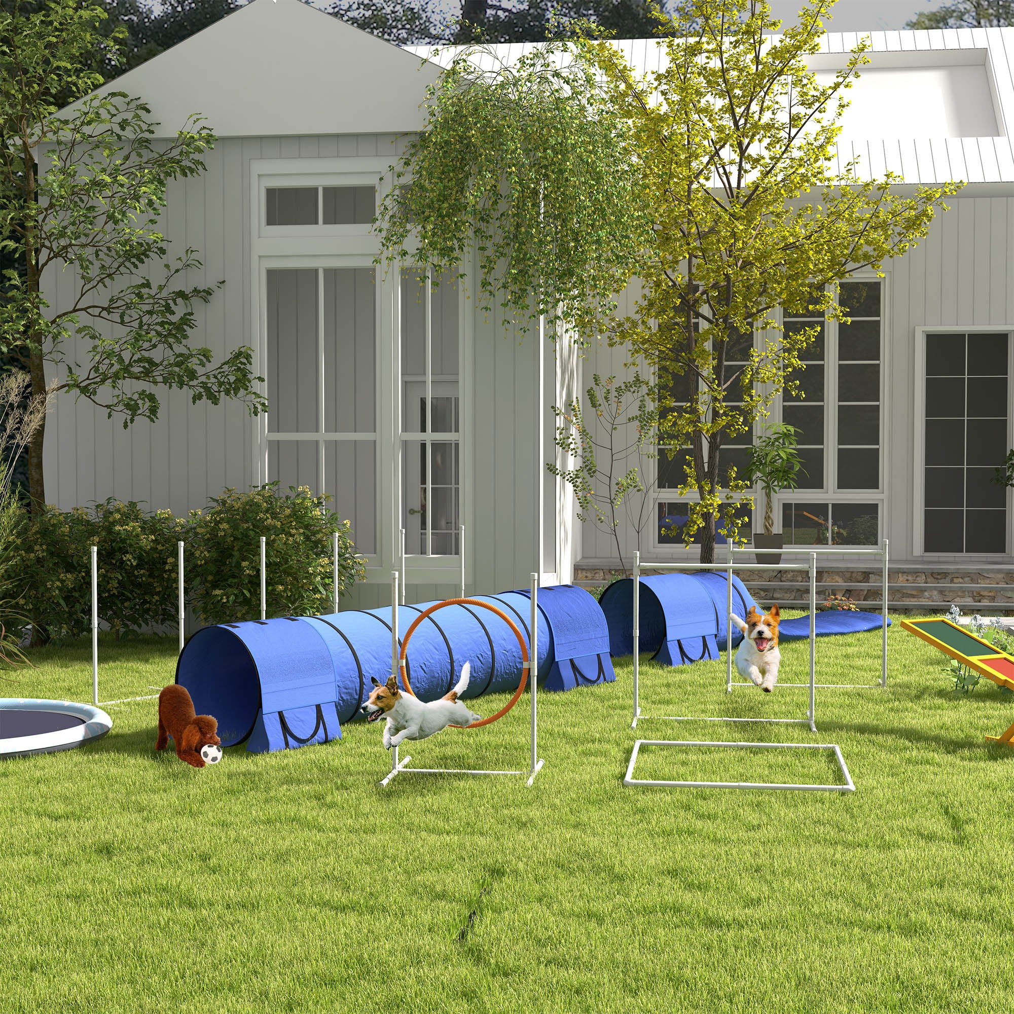 7Pcs Dog Agility Training Equipment 11.5KG Net Weight, Obstacle Starter Kit with 2 Tunnels, Adjustable Jump Ring, 2 Jumpers, Weave Poles, Pause Box, Carrying Bag, Whistle