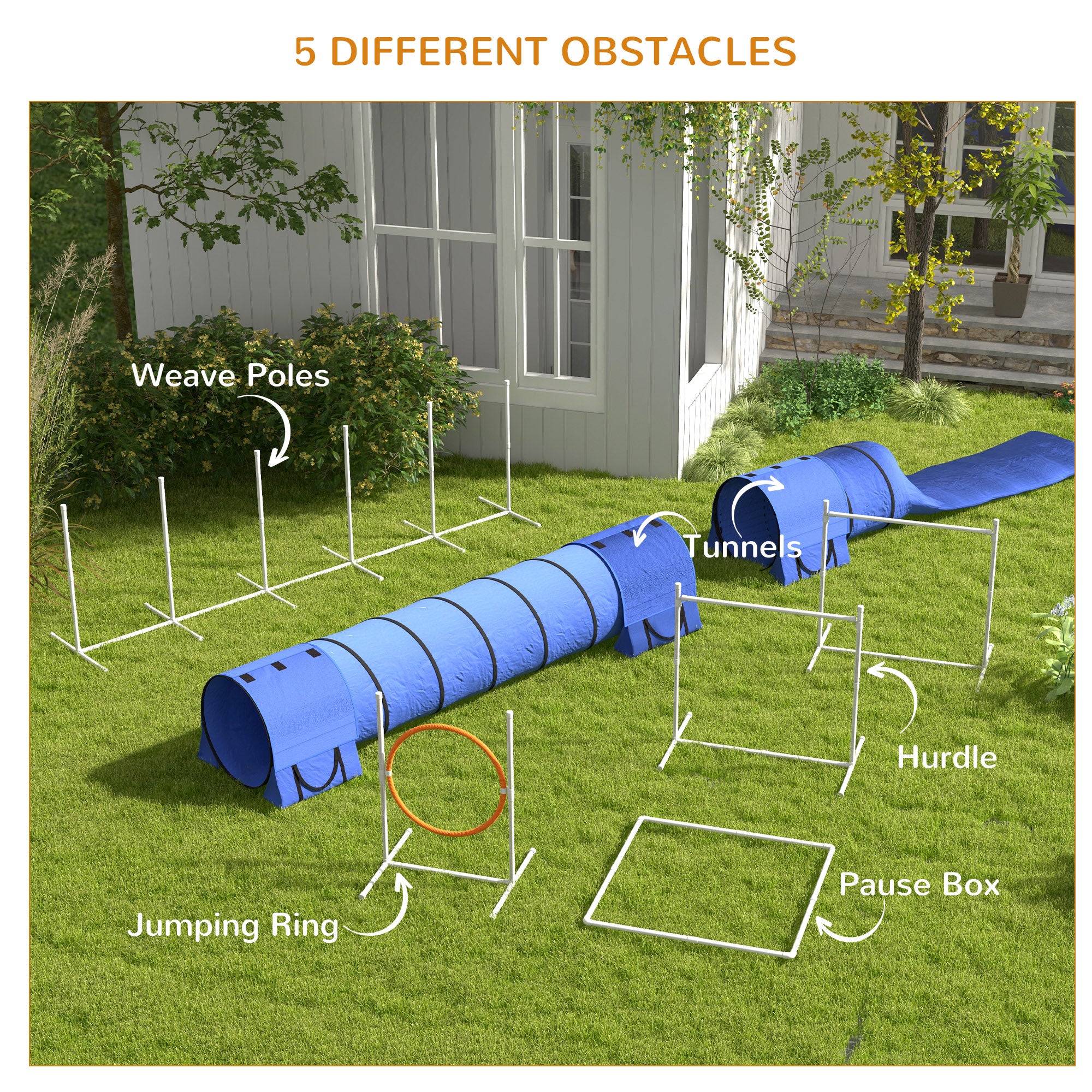 7Pcs Dog Agility Training Equipment 11.5KG Net Weight, Obstacle Starter Kit with 2 Tunnels, Adjustable Jump Ring, 2 Jumpers, Weave Poles, Pause Box, Carrying Bag, Whistle