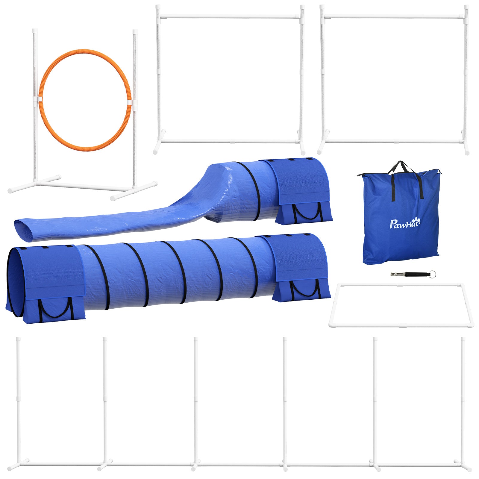 7Pcs Dog Agility Training Equipment 11.5KG Net Weight, Obstacle Starter Kit with 2 Tunnels, Adjustable Jump Ring, 2 Jumpers, Weave Poles, Pause Box, Carrying Bag, Whistle