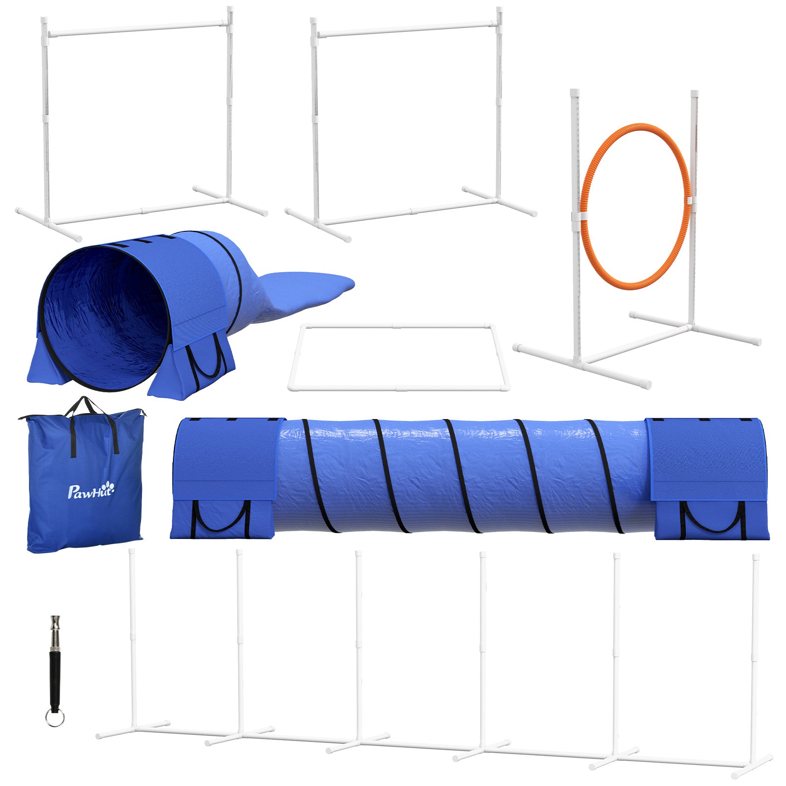 7Pcs Dog Agility Training Equipment 11.5KG Net Weight, Obstacle Starter Kit with 2 Tunnels, Adjustable Jump Ring, 2 Jumpers, Weave Poles, Pause Box, Carrying Bag, Whistle