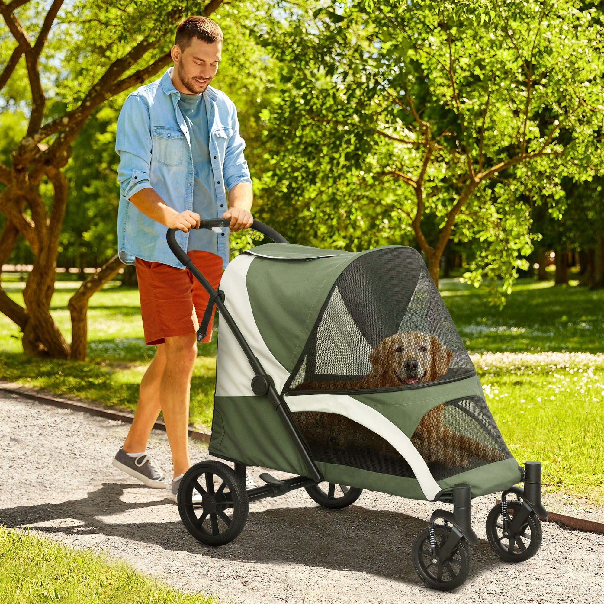 Pet Stroller for Small Medium Large Dogs and Cats, Foldable Dog Stroller with 4 Wheels, Shock-Absorbing Frame, Safety Leashes, Brakes, for Pets up to 66 lbs, Dark Green