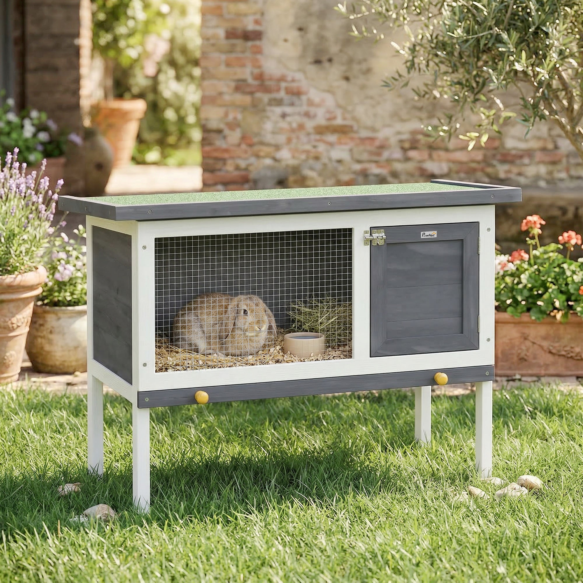 Wooden Rabbit Hutch, Guinea Pig Hutch with Openable Asphalt Roof and Pull-Out Tray, Outdoor Elevated Bunny House for Rabbits, Chinchillas and Small Animals, Indoor Outdoor Use, Grey