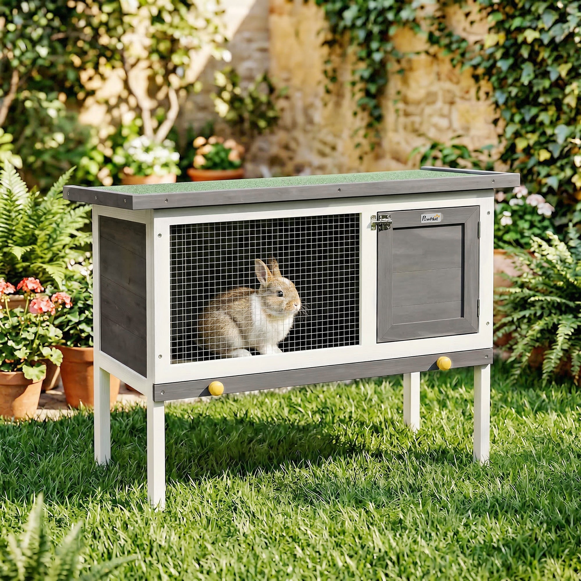 Wooden Rabbit Hutch, Guinea Pig Hutch with Openable Asphalt Roof and Pull-Out Tray, Outdoor Elevated Bunny House for Rabbits, Chinchillas and Small Animals, Indoor Outdoor Use, Grey