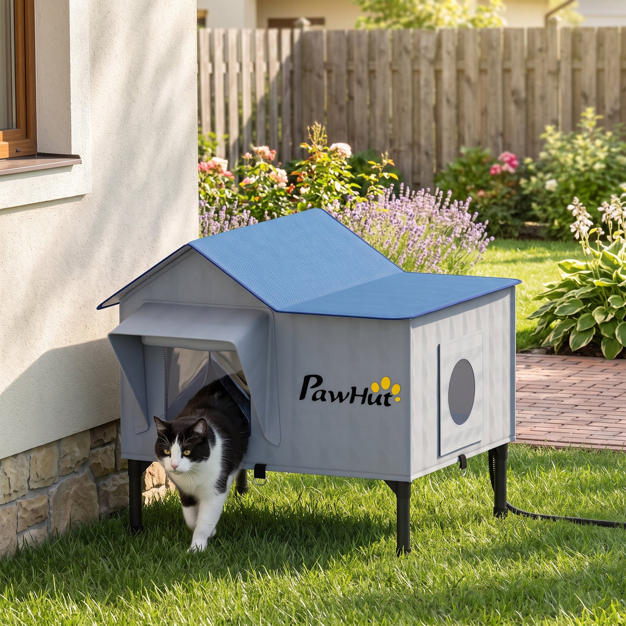 Heated Cat House Weatherproof with Heated Pad for Feral & Stray Cats, Outdoor Cat Shelter with Escape Door, 5 cm Elevated Base, Rainproof Roof