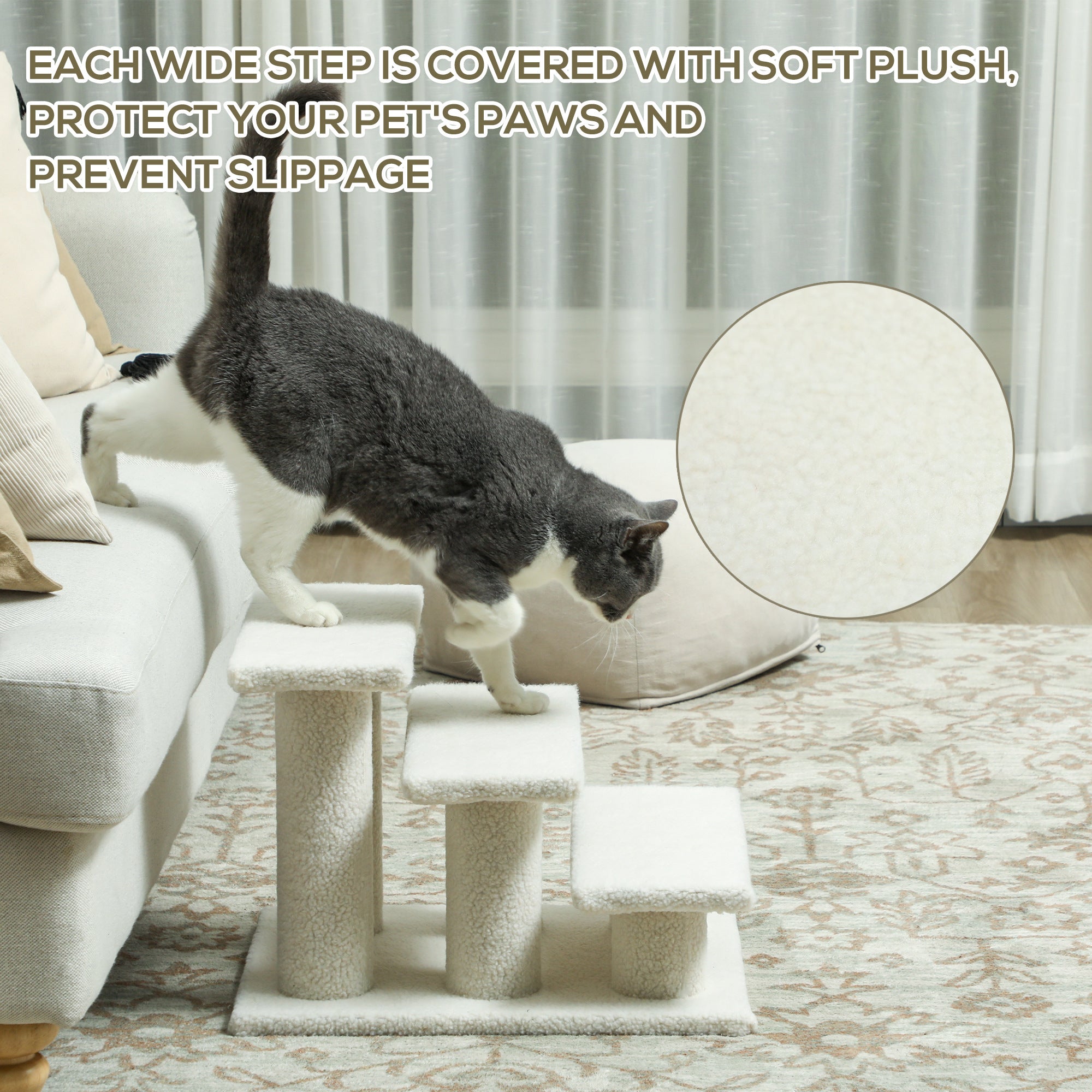 3-Step Multi-Level Carpeted Cat Scratching Post Pet Stairs, Beige