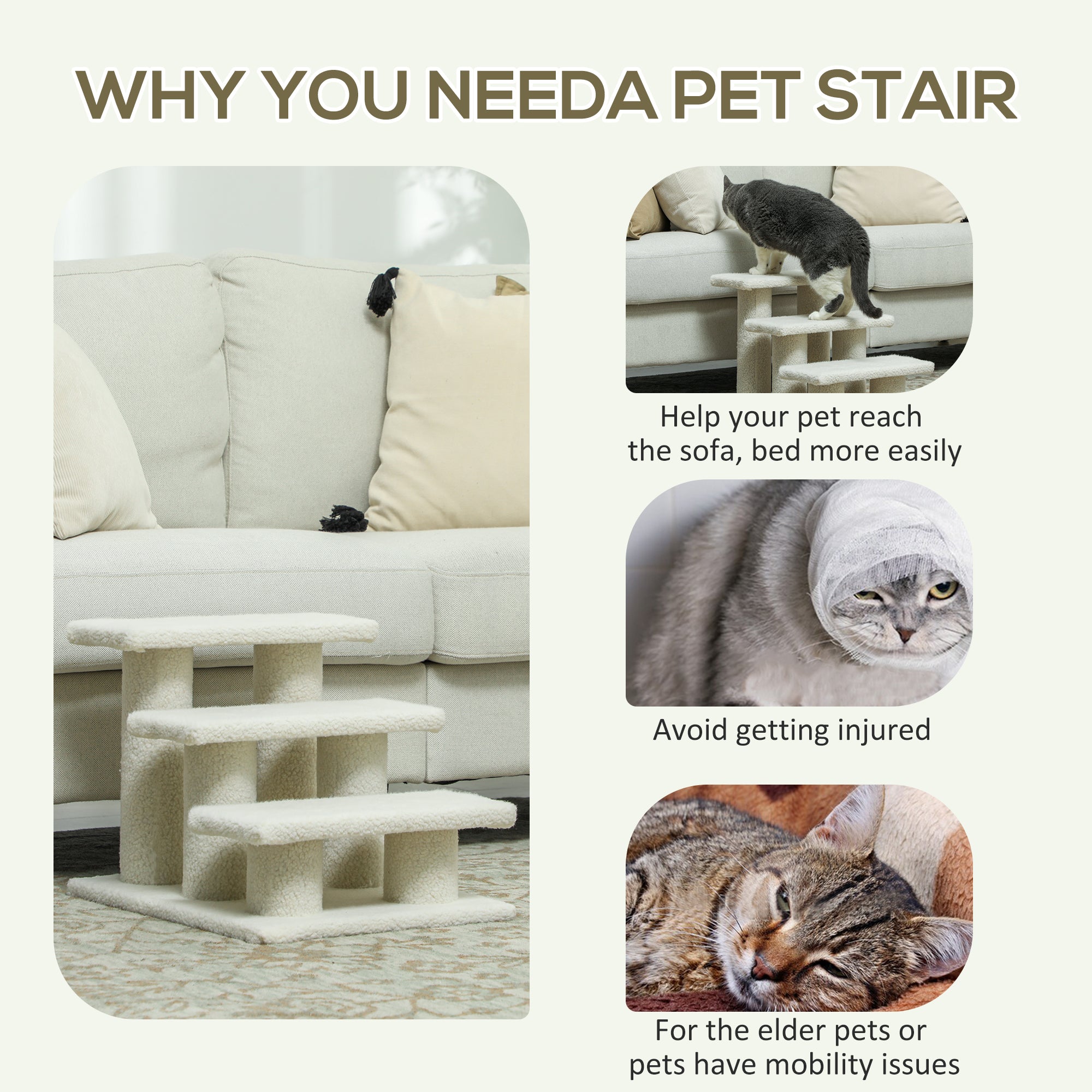 3-Step Multi-Level Carpeted Cat Scratching Post Pet Stairs, Beige