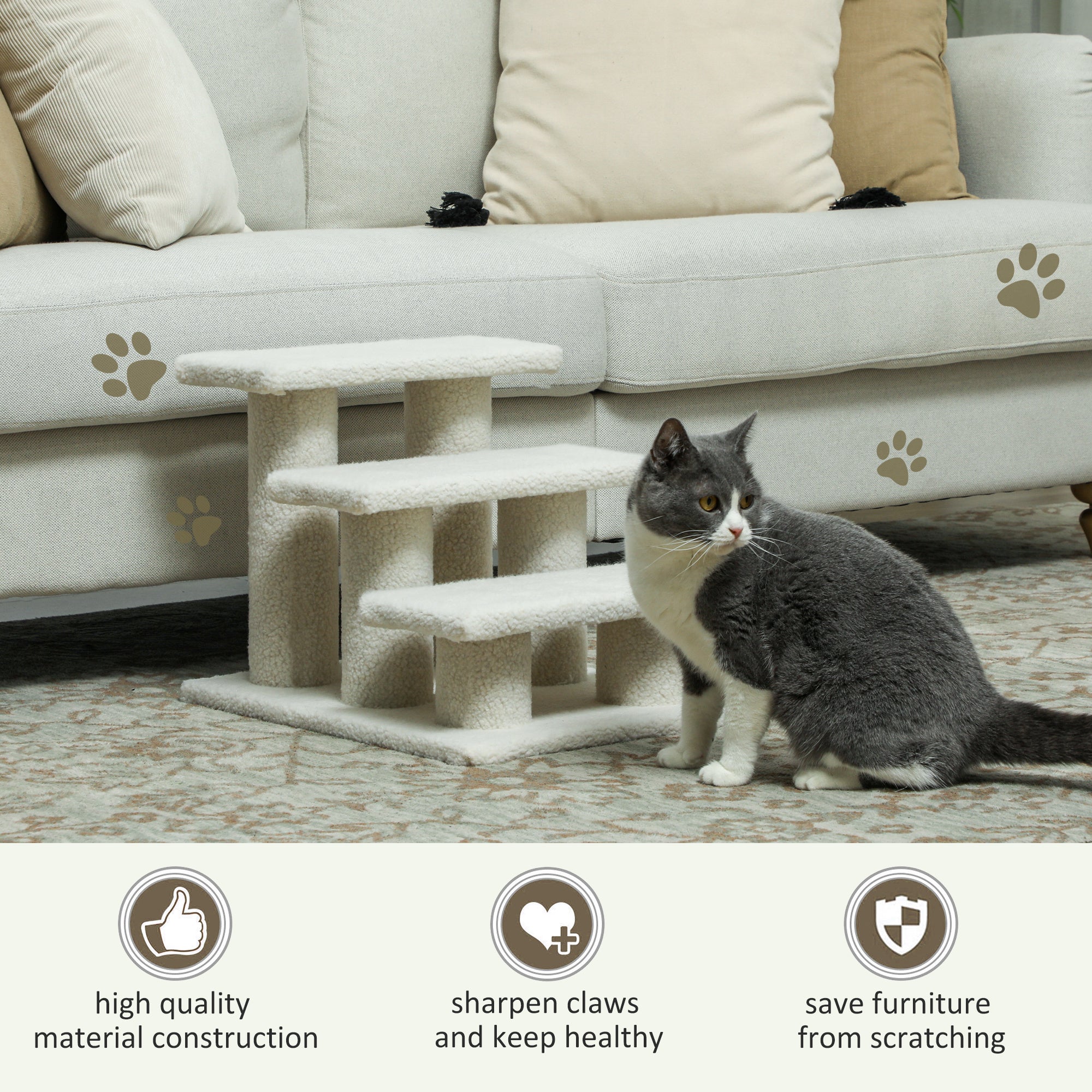 3-Step Multi-Level Carpeted Cat Scratching Post Pet Stairs, Beige