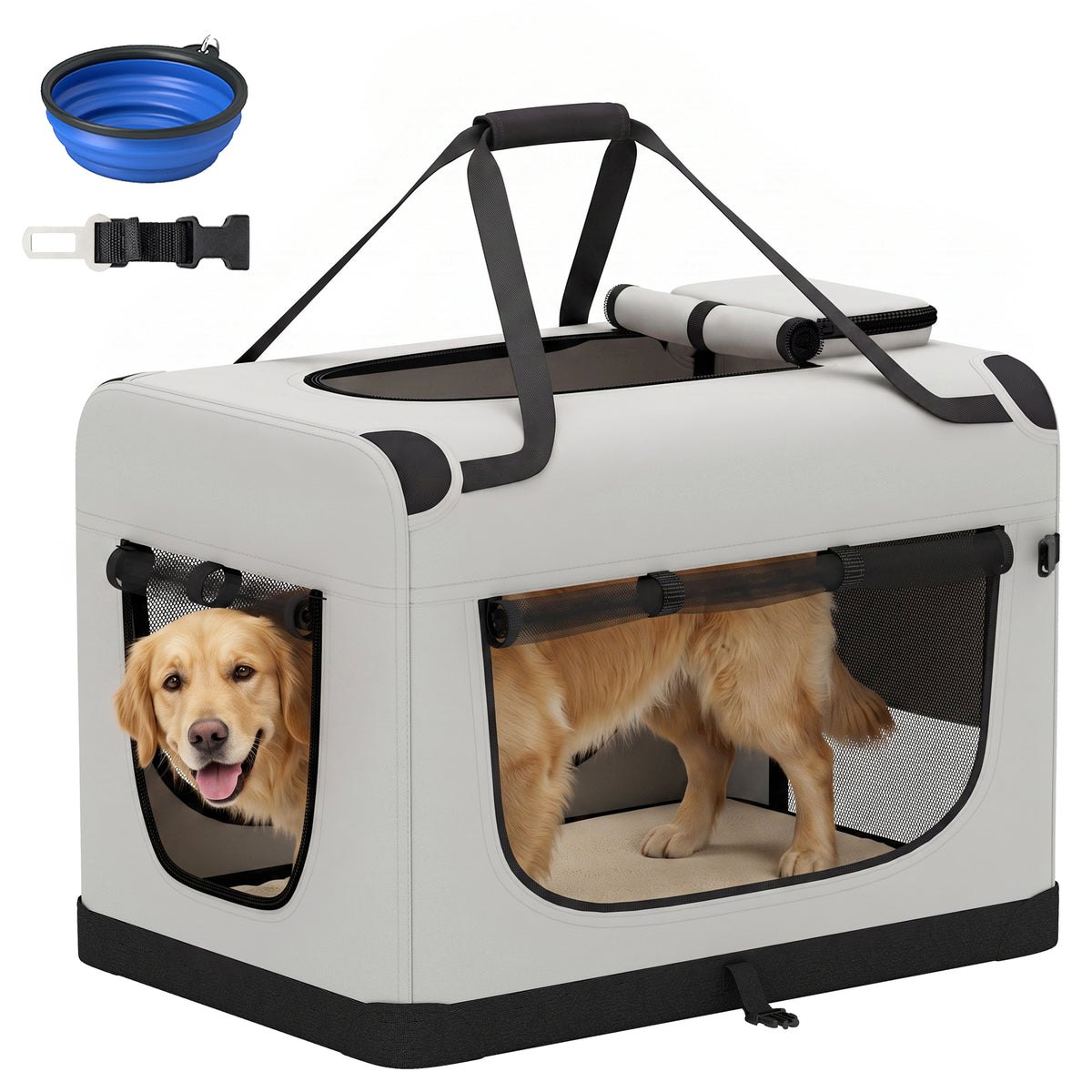Pet Carrier Bag, Soft-Sided Dog Carrier for Extra Large Dogs, Portable Pet Travel Bag with Security Buckle Strap, Mesh Windows, Washable Cushion and Bowl, Light Grey