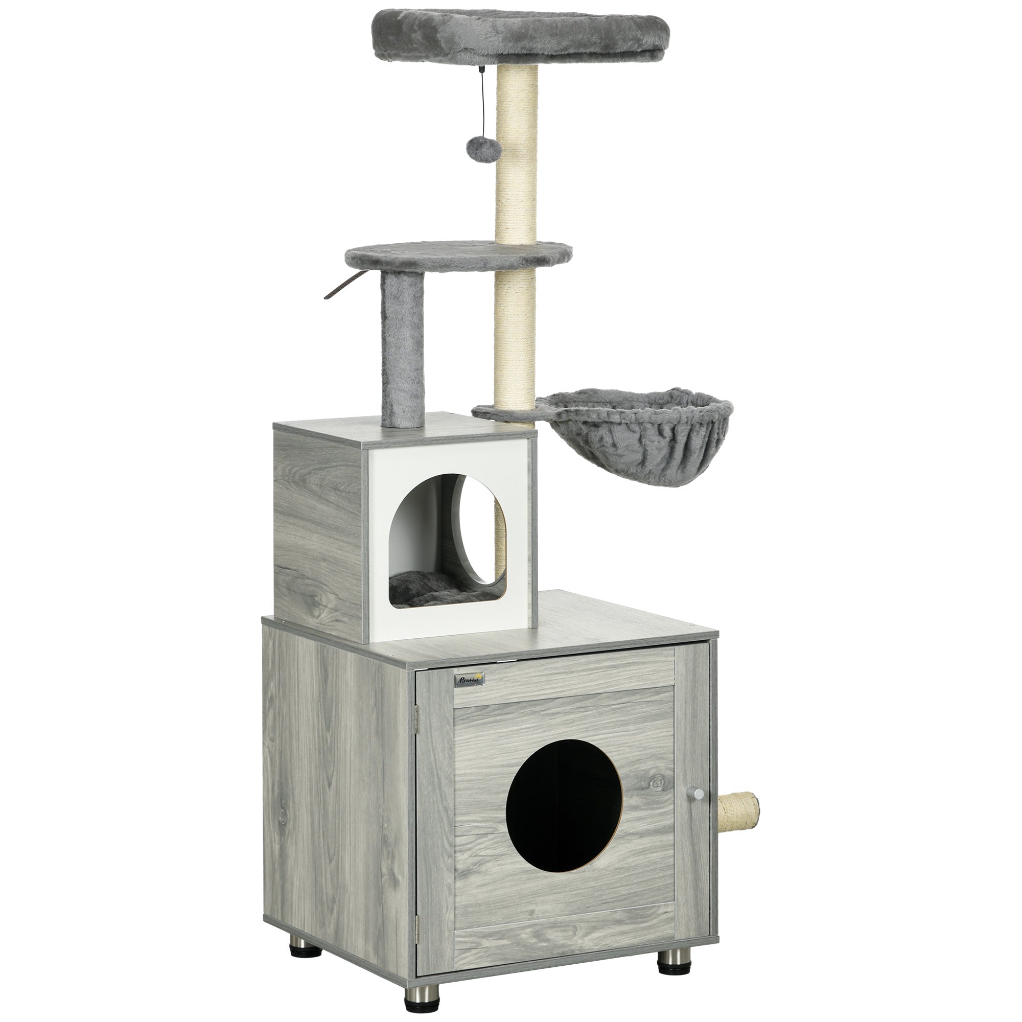 Cat Tower with Litter Box Enclosure, Cat Tree for Indoor Cats with Cat House, Scratching Post, Hammock, Grey