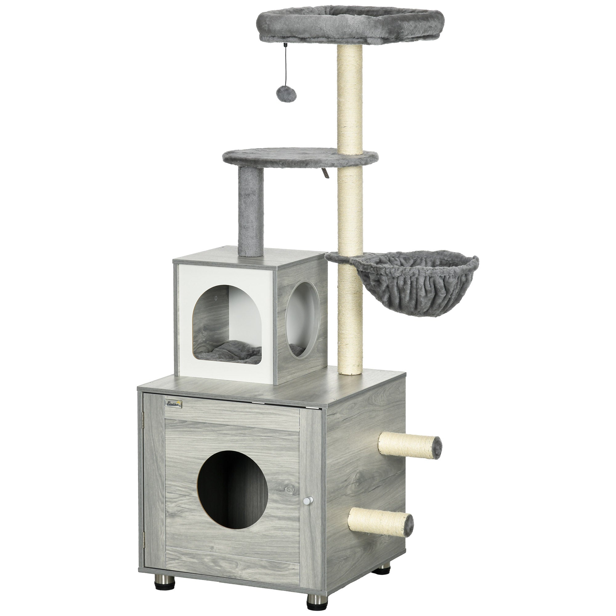 Cat Tower with Litter Box Enclosure, Cat Tree for Indoor Cats with Cat House, Scratching Post, Hammock, Grey