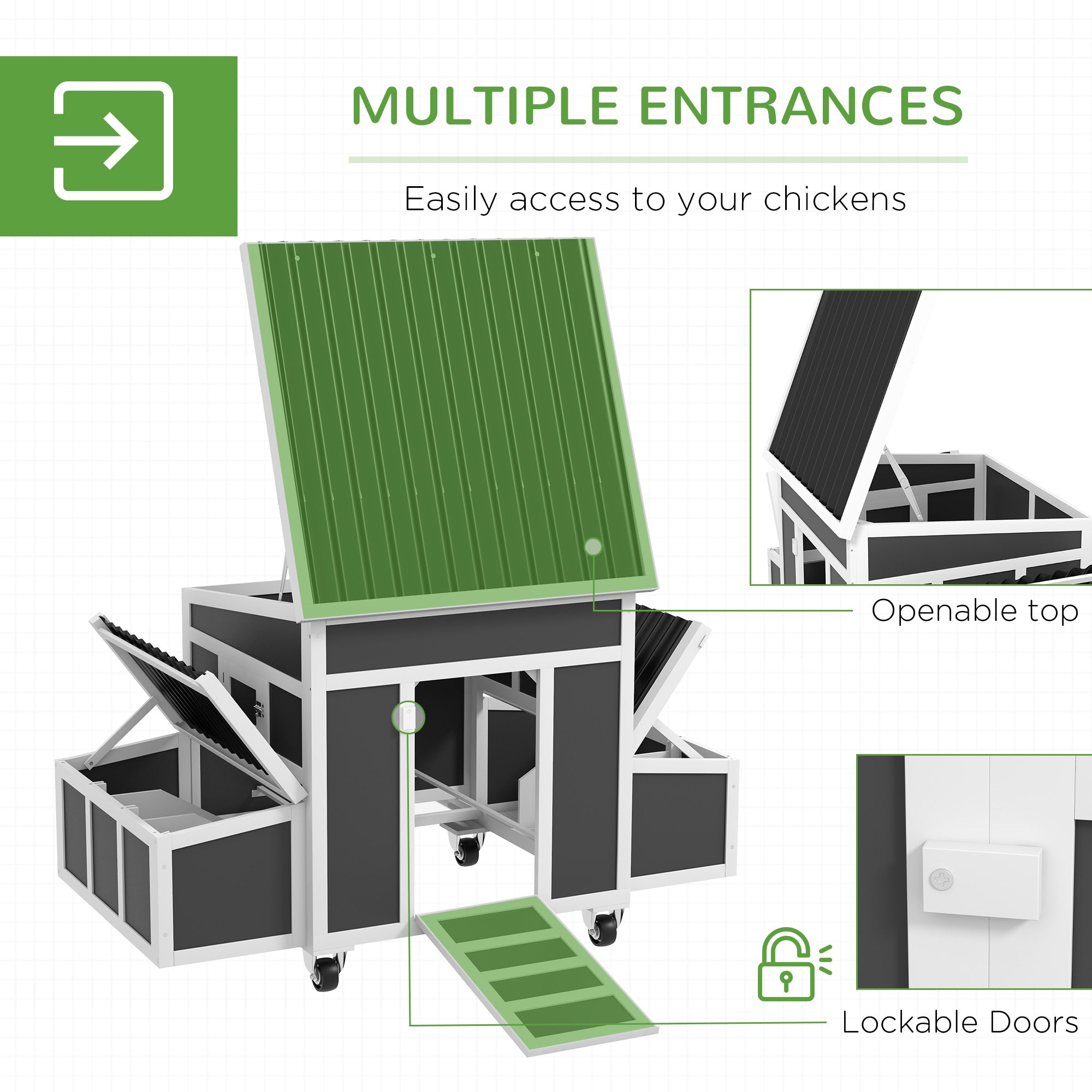 Wooden Chicken Coop, Chicken Tractor for 6 Chickens, Outdoor Poultry Cage Rabbit Hutch Duck Coop Hen House with Nesting Box, Tray, Windows, Dark Gray
