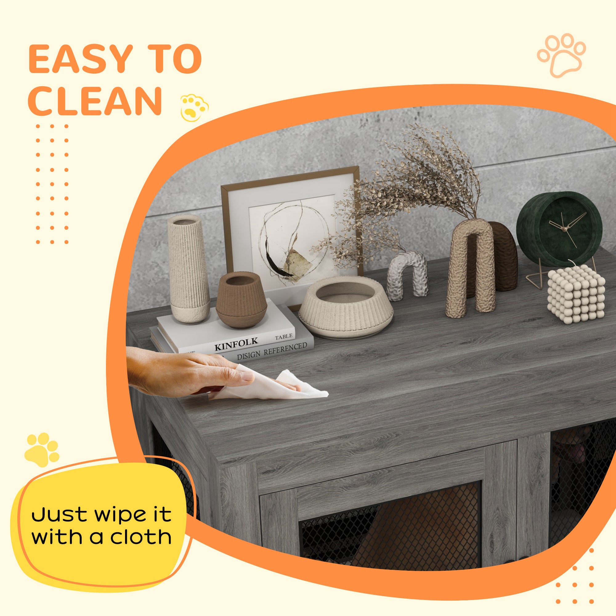 37in Dog Crate Furniture with Cushion, Indoor Pet Kennel End Table with 2 Doors, for Large Dogs, Grey