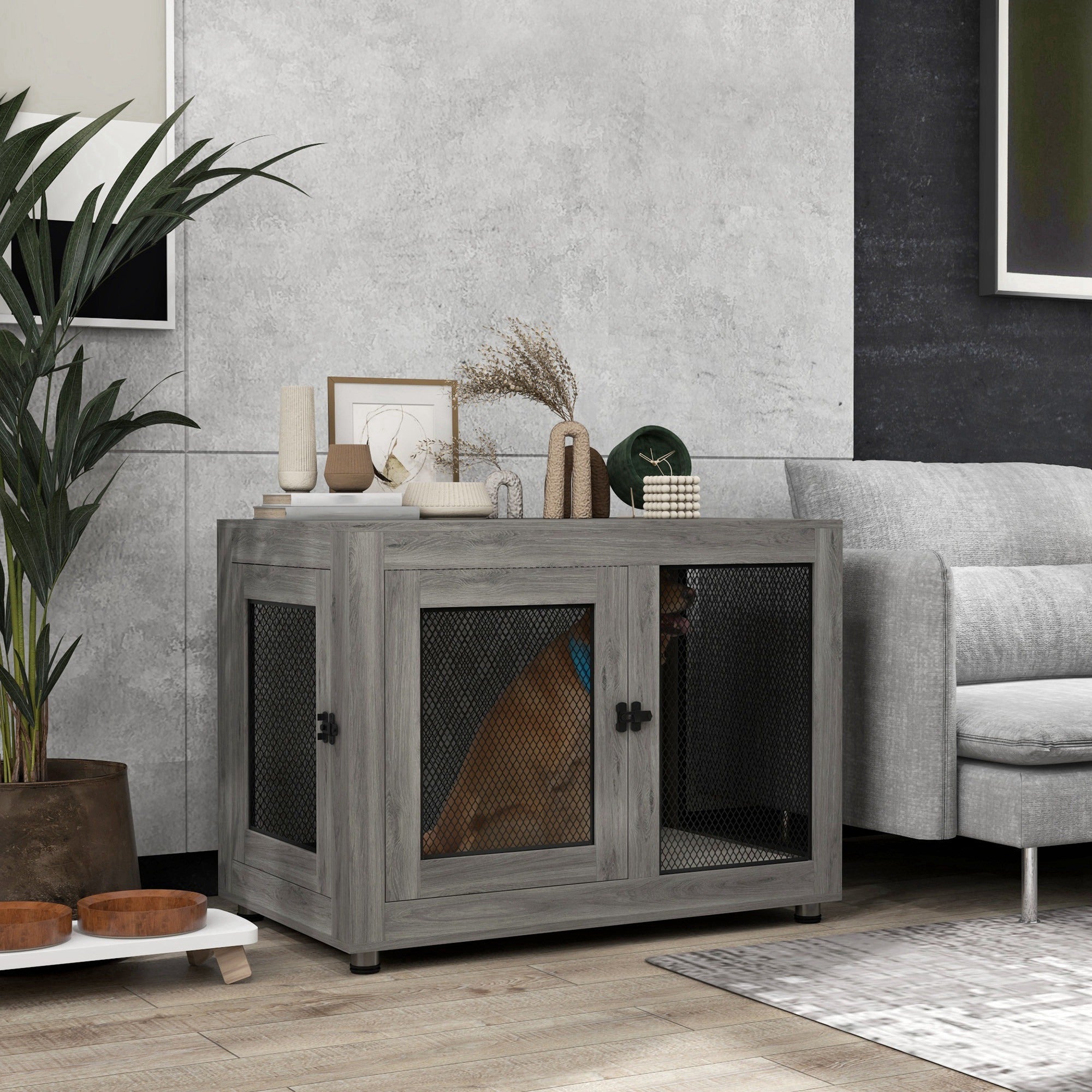 37in Dog Crate Furniture with Cushion, Indoor Pet Kennel End Table with 2 Doors, for Large Dogs, Grey