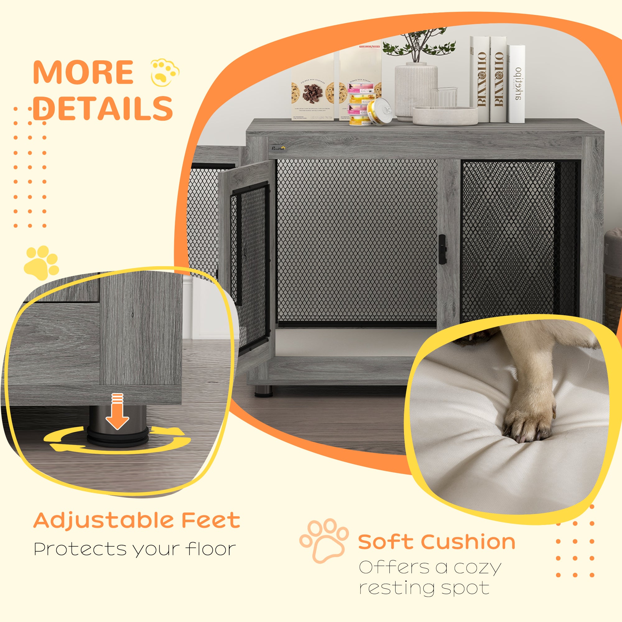 37in Dog Crate Furniture with Cushion, Indoor Pet Kennel End Table with 2 Doors, for Large Dogs, Grey
