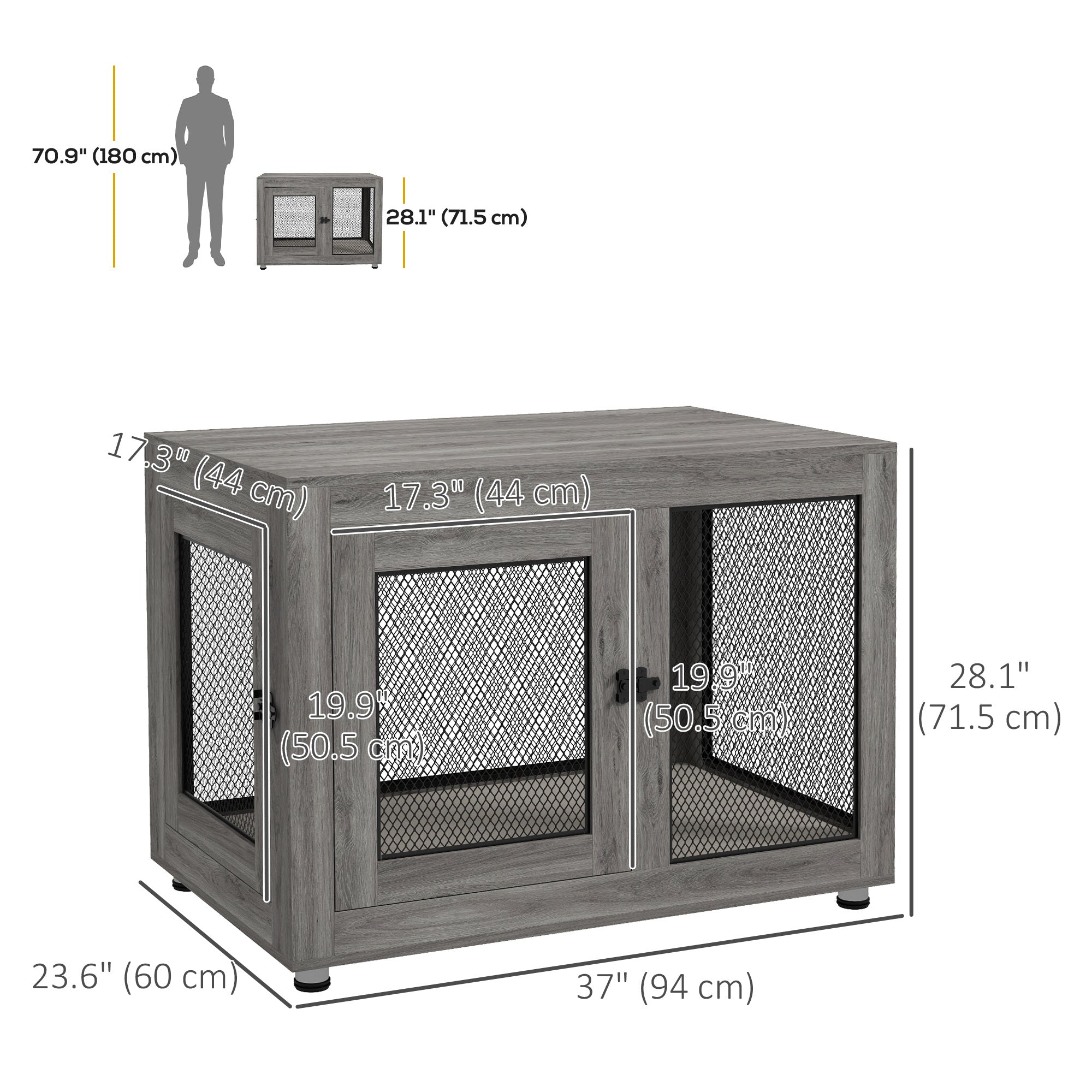 37in Dog Crate Furniture with Cushion, Indoor Pet Kennel End Table with 2 Doors, for Large Dogs, Grey