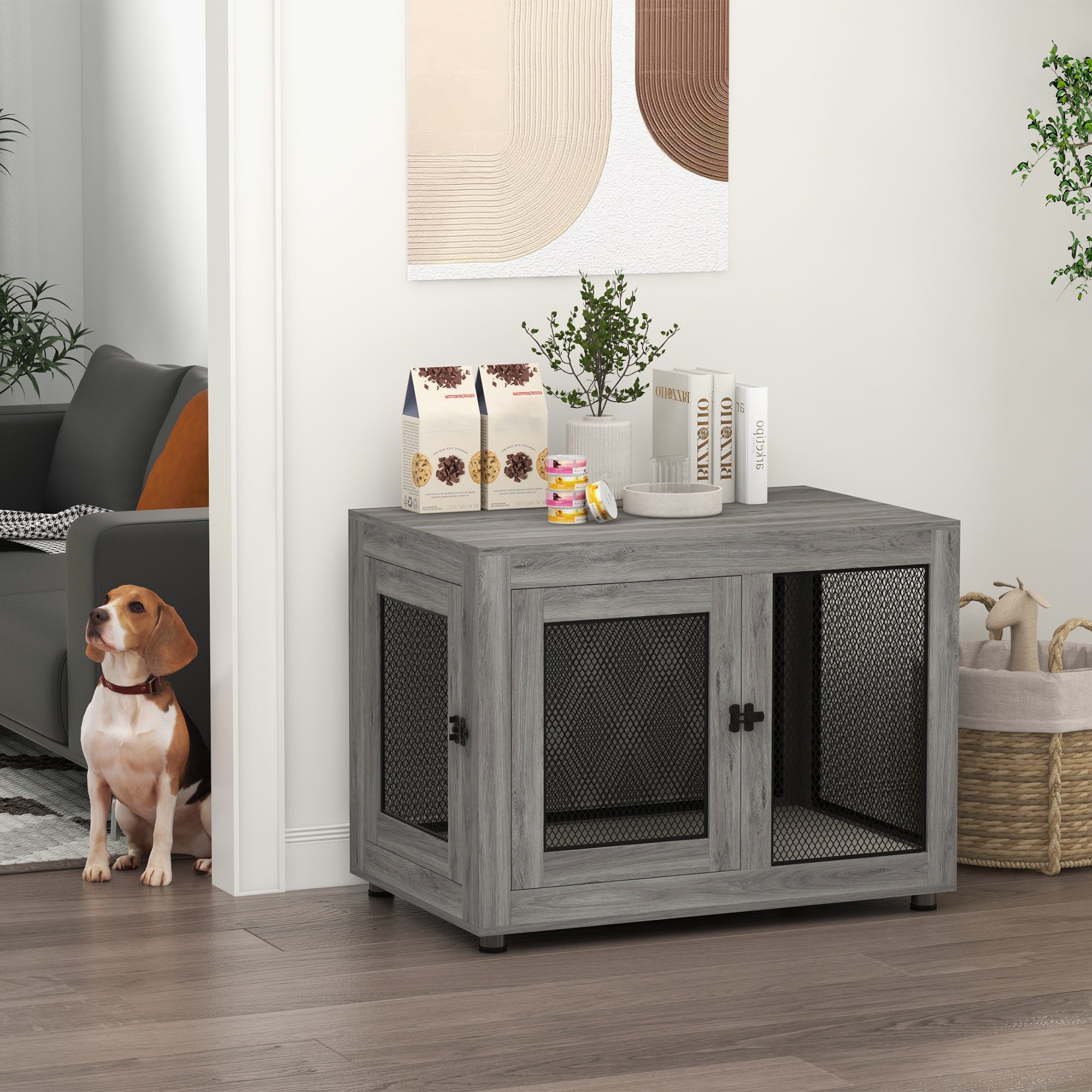 37in Dog Crate Furniture with Cushion, Indoor Pet Kennel End Table with 2 Doors, for Large Dogs, Grey