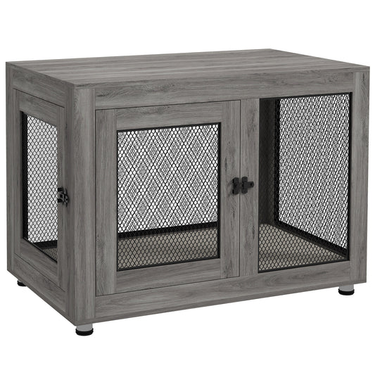 37in Dog Crate Furniture with Cushion, Indoor Pet Kennel End Table with 2 Doors, for Large Dogs, Grey