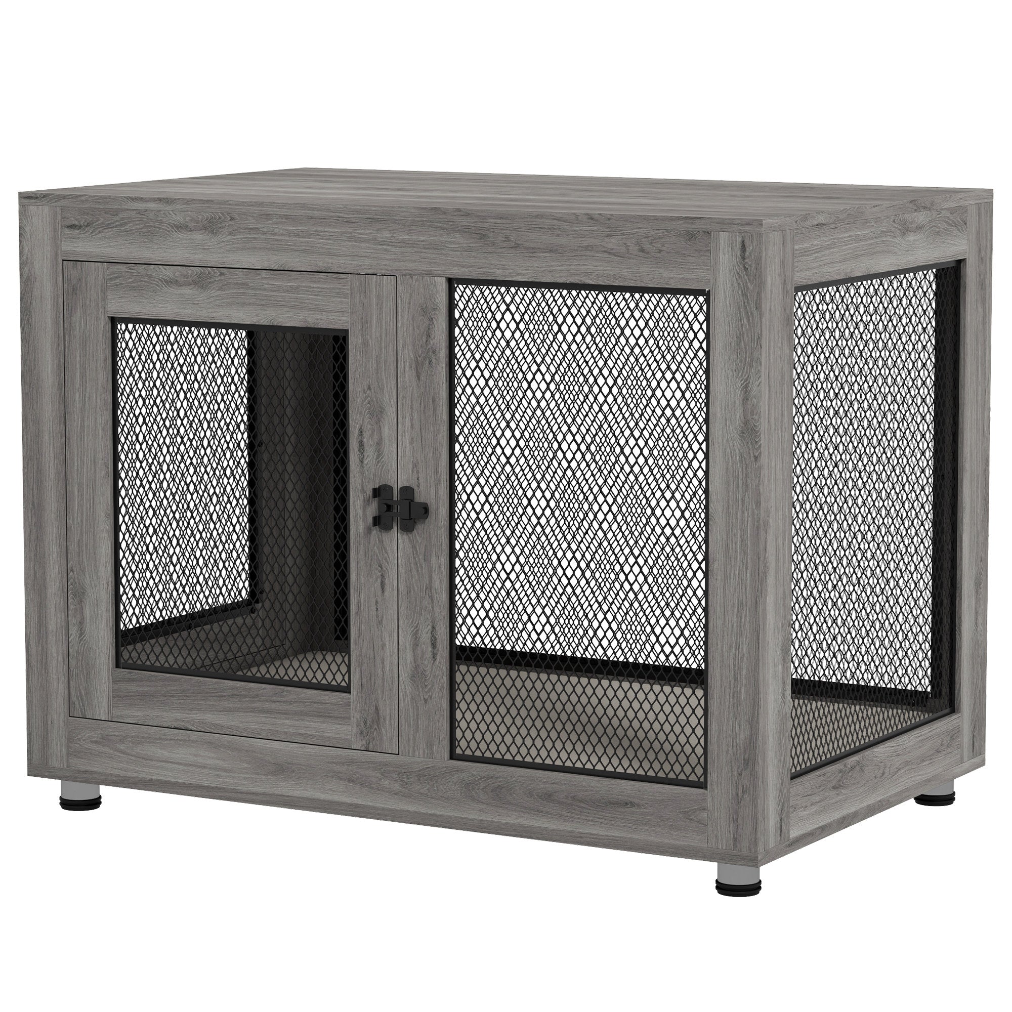 37in Dog Crate Furniture with Cushion, Indoor Pet Kennel End Table with 2 Doors, for Large Dogs, Grey