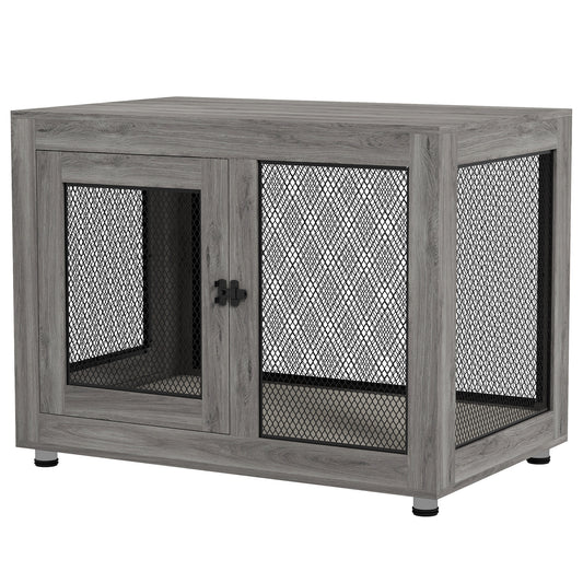 37in Dog Crate Furniture with Cushion, Indoor Pet Kennel End Table with 2 Doors, for Large Dogs, Grey