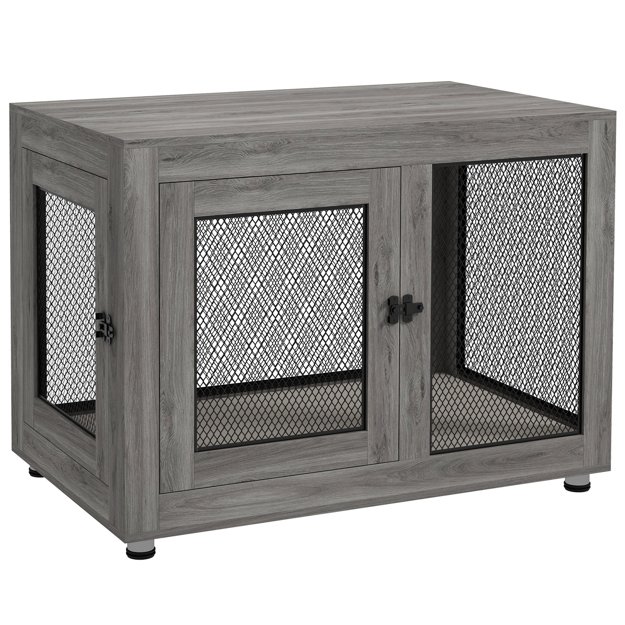 37in Dog Crate Furniture with Cushion, Indoor Pet Kennel End Table with 2 Doors, for Large Dogs, Grey