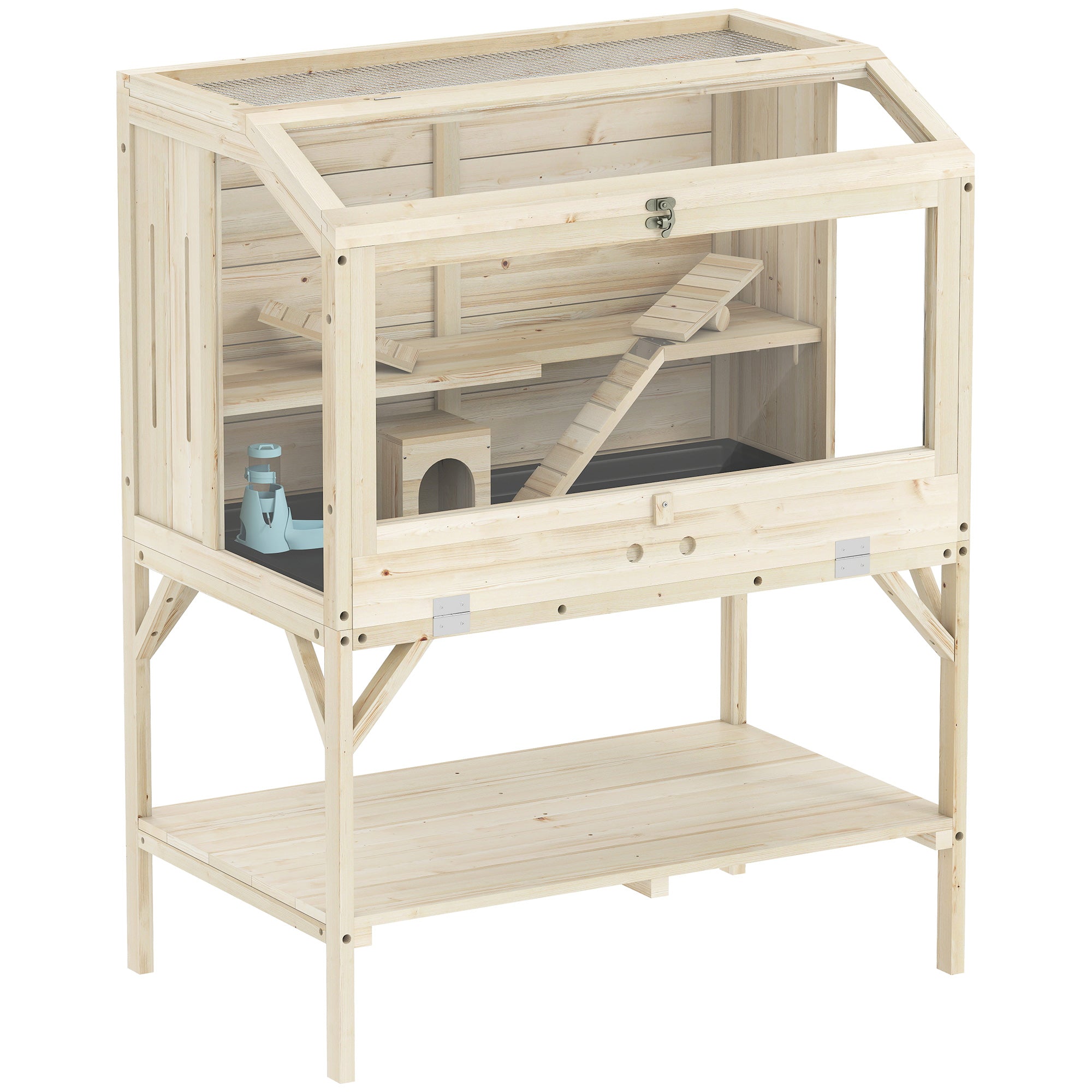 Wooden Hamster Cage, Gerbil Cage with Openable Top, Removable Tray, Seesaws, Water Bottle, Transparent Panels for Syrian, Dwarf Hamsters and Gerbils, 33.1" x 20.9" x 43.3"
