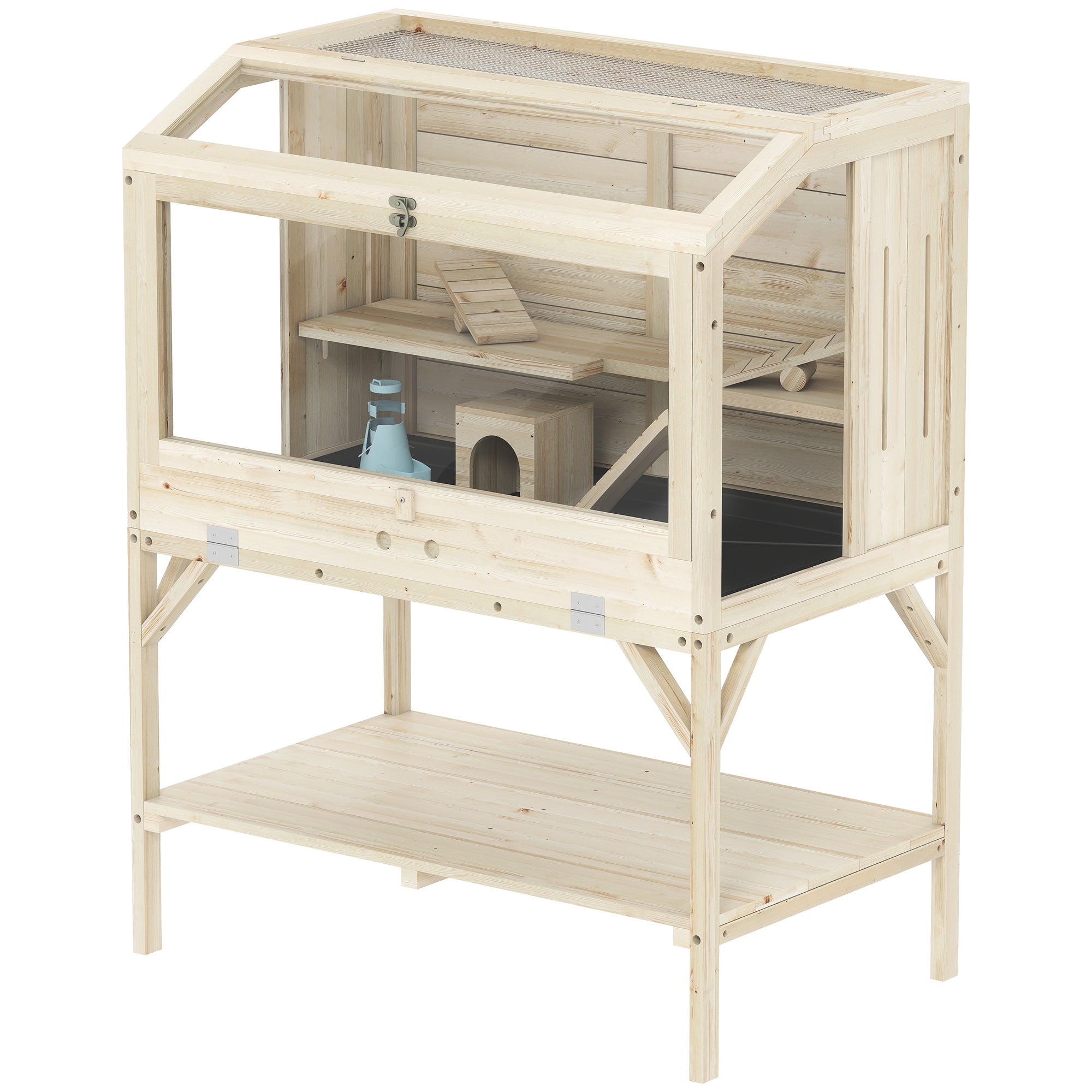 Wooden Hamster Cage, Gerbil Cage with Openable Top, Removable Tray, Seesaws, Water Bottle, Transparent Panels for Syrian, Dwarf Hamsters and Gerbils, 33.1" x 20.9" x 43.3"
