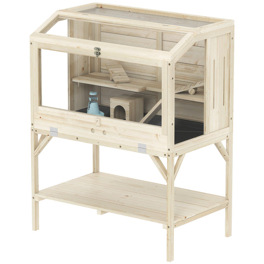 Wooden Hamster Cage, Gerbil Cage with Openable Top, Removable Tray, Seesaws, Water Bottle, Transparent Panels for Syrian, Dwarf Hamsters and Gerbils, 33.1" x 20.9" x 43.3"
