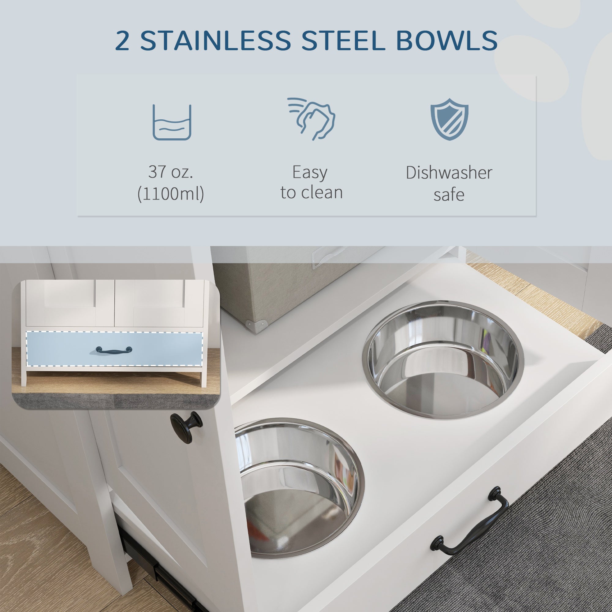 Pet Feeding Station with Storage, Dog Feeding Station with Raised Dog Bowls, Adjustable Panel, Hooks, Pet Food Storage Cabinet, White