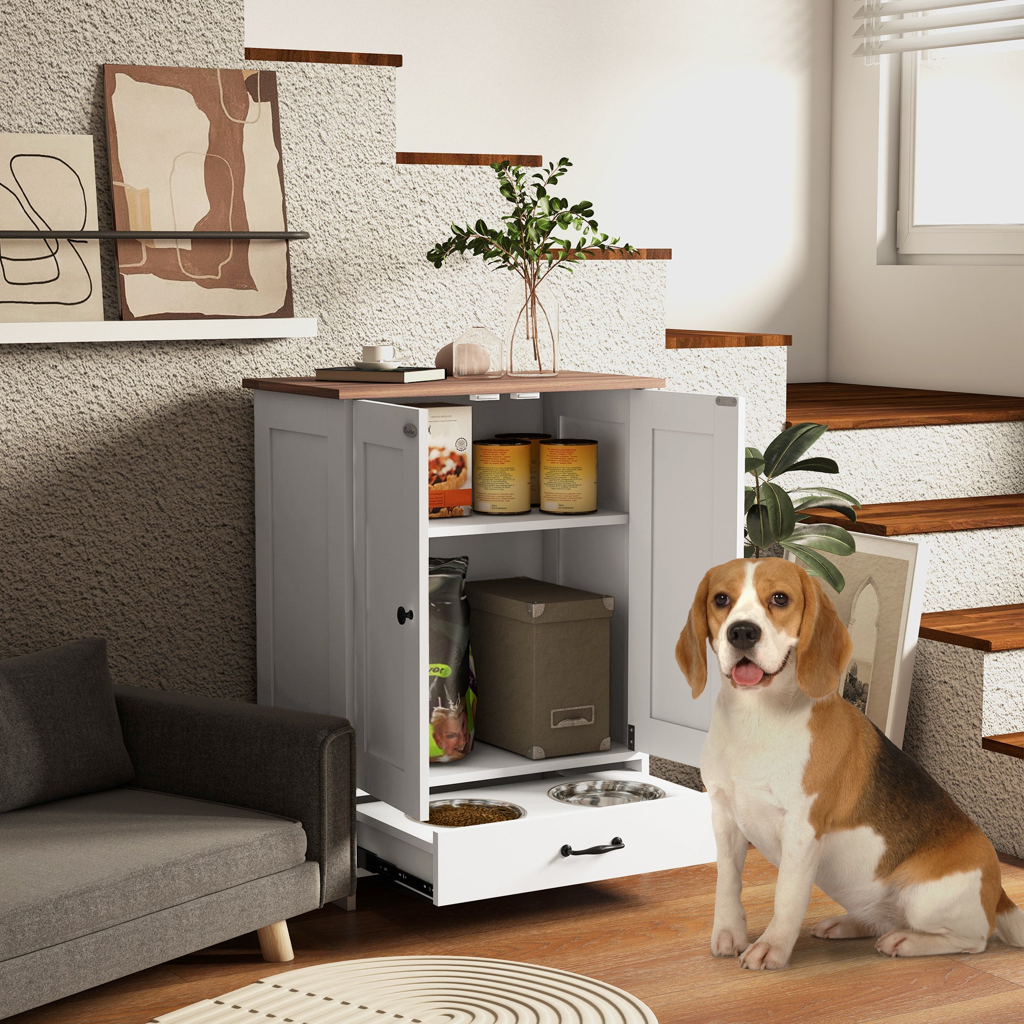 Pet Feeding Station with Storage, Dog Feeding Station with Raised Dog Bowls, Adjustable Panel, Hooks, Pet Food Storage Cabinet, White