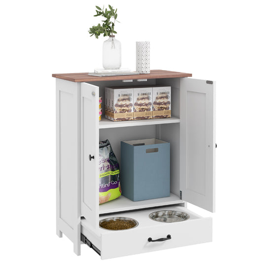 Dog Feeding Station, Furniture Style Pet Food Storage Container with Hidden Raised Bowls, Adjustable Panel, Hooks, for Medium Sized Dogs, White
