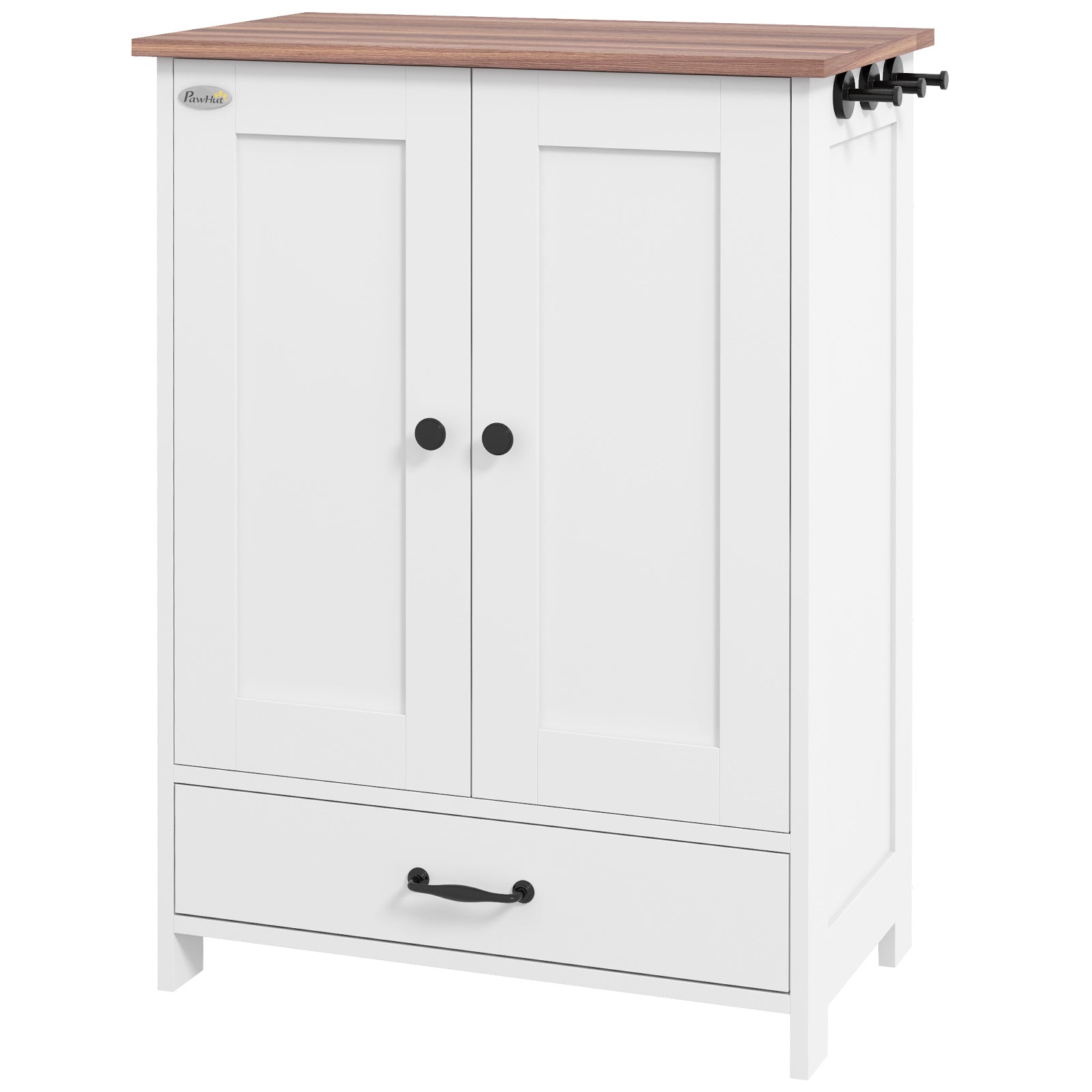 Pet Feeding Station with Storage, Dog Feeding Station with Raised Dog Bowls, Adjustable Panel, Hooks, Pet Food Storage Cabinet, White
