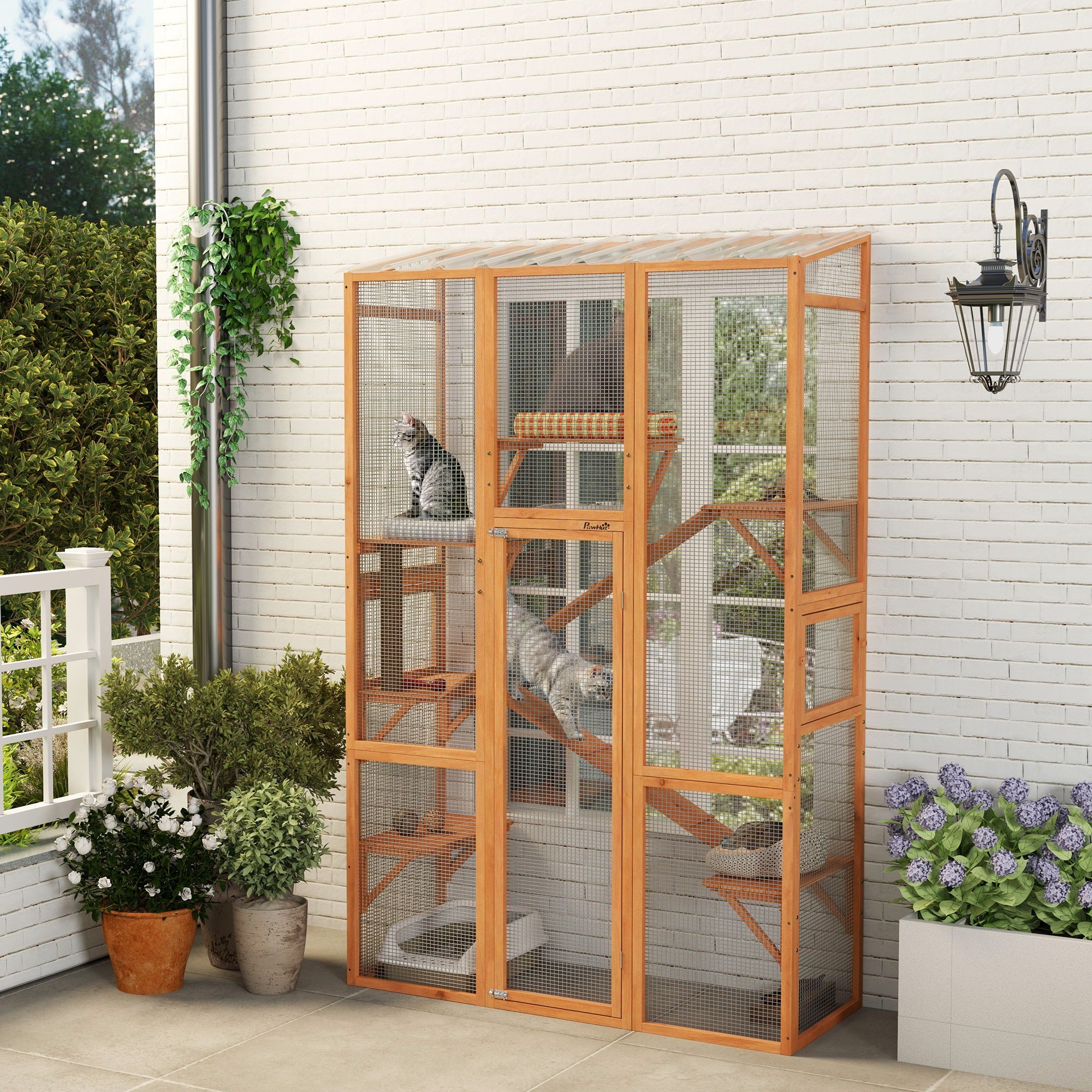 PawHut Outdoor Catio Cat Enclosure, Large Wooden Cat House with 6 Jumping Platforms, Scratching Post, 2 Ramps, Waterproof Roof, Cat Cage Window Access for 2-3 Kittens, 99" H, Orange