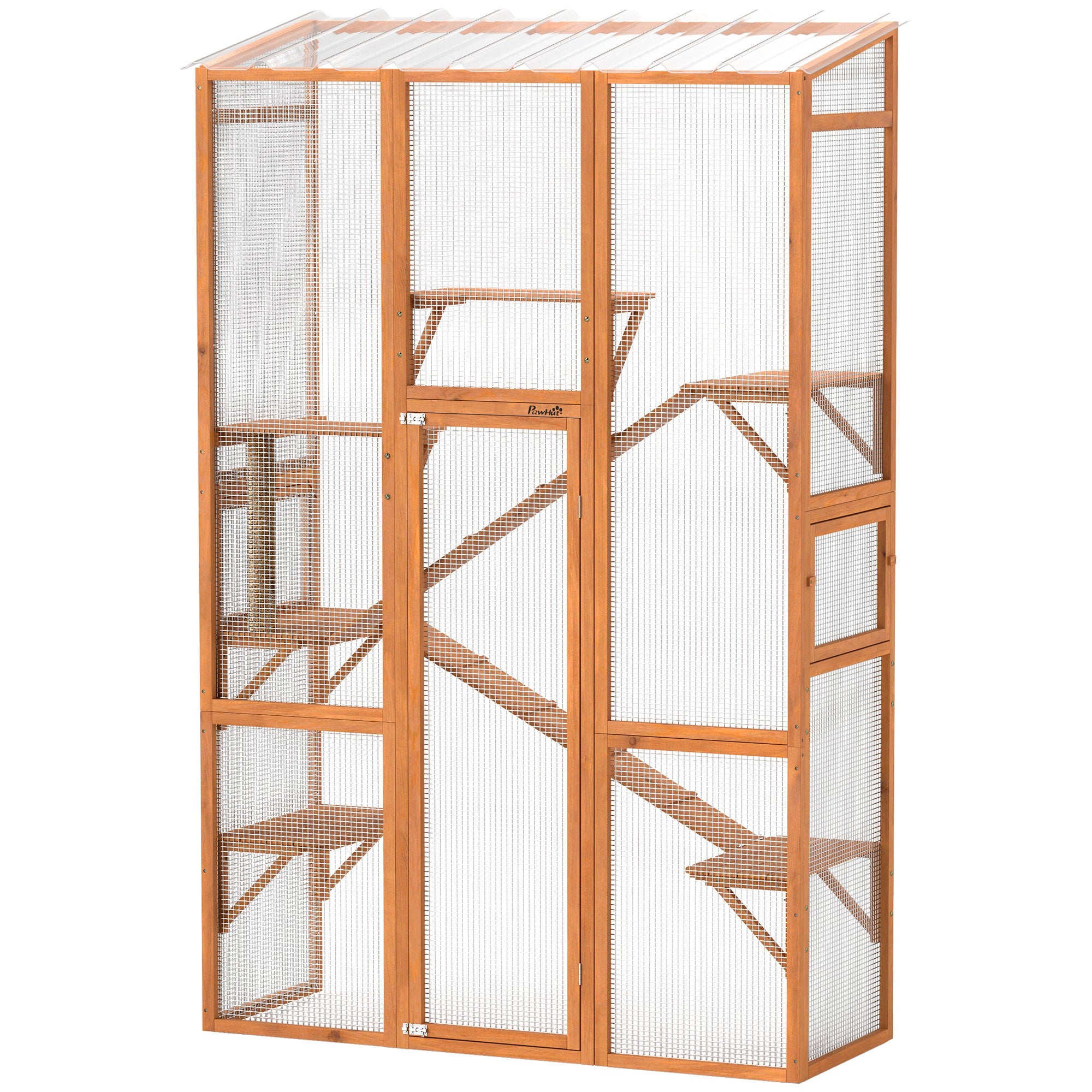 PawHut Outdoor Catio Cat Enclosure, Large Wooden Cat House with 6 Jumping Platforms, Scratching Post, 2 Ramps, Waterproof Roof, Cat Cage Window Access for 2-3 Kittens, 99" H, Orange