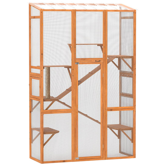 Catio Outdoor Cat Enclosure, Large Wooden Cat House with 6 Jumping Platforms, Scratching Post, 2 Ramps, Waterproof Roof, Outdoor Cat Cage for 2-3 Kittens, 64" x 24" x 99"