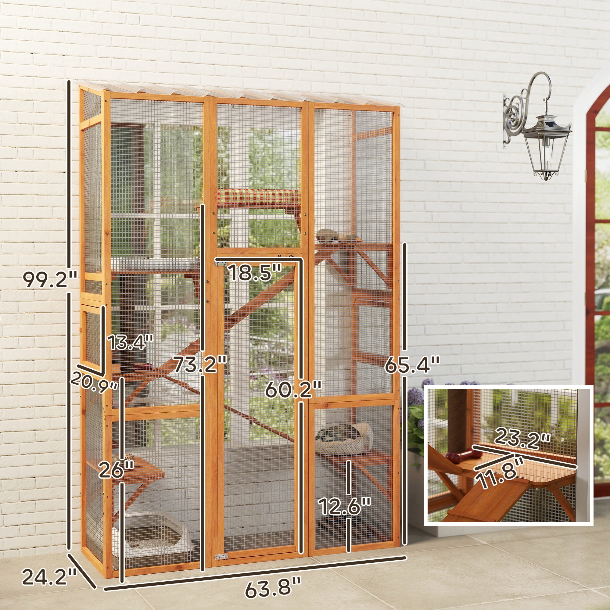 PawHut Outdoor Catio Cat Enclosure, Large Wooden Cat House with 6 Jumping Platforms, Scratching Post, 2 Ramps, Waterproof Roof, Cat Cage Window Access for 2-3 Kittens, 99" H, Orange