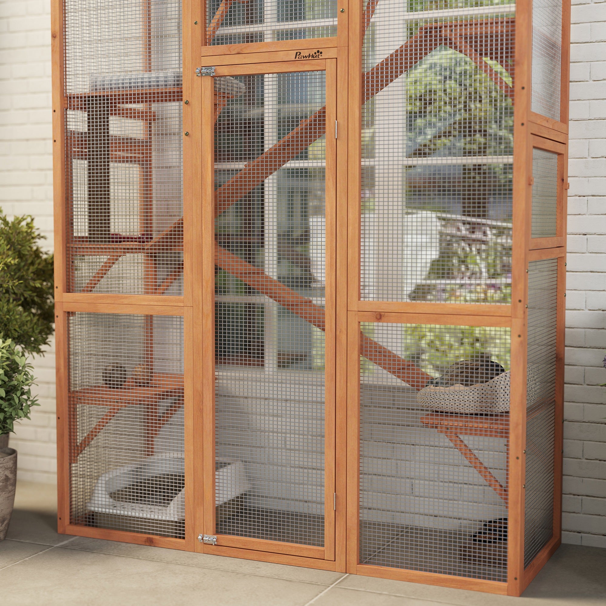 PawHut Outdoor Catio Cat Enclosure, Large Wooden Cat House with 6 Jumping Platforms, Scratching Post, 2 Ramps, Waterproof Roof, Cat Cage Window Access for 2-3 Kittens, 99" H, Orange