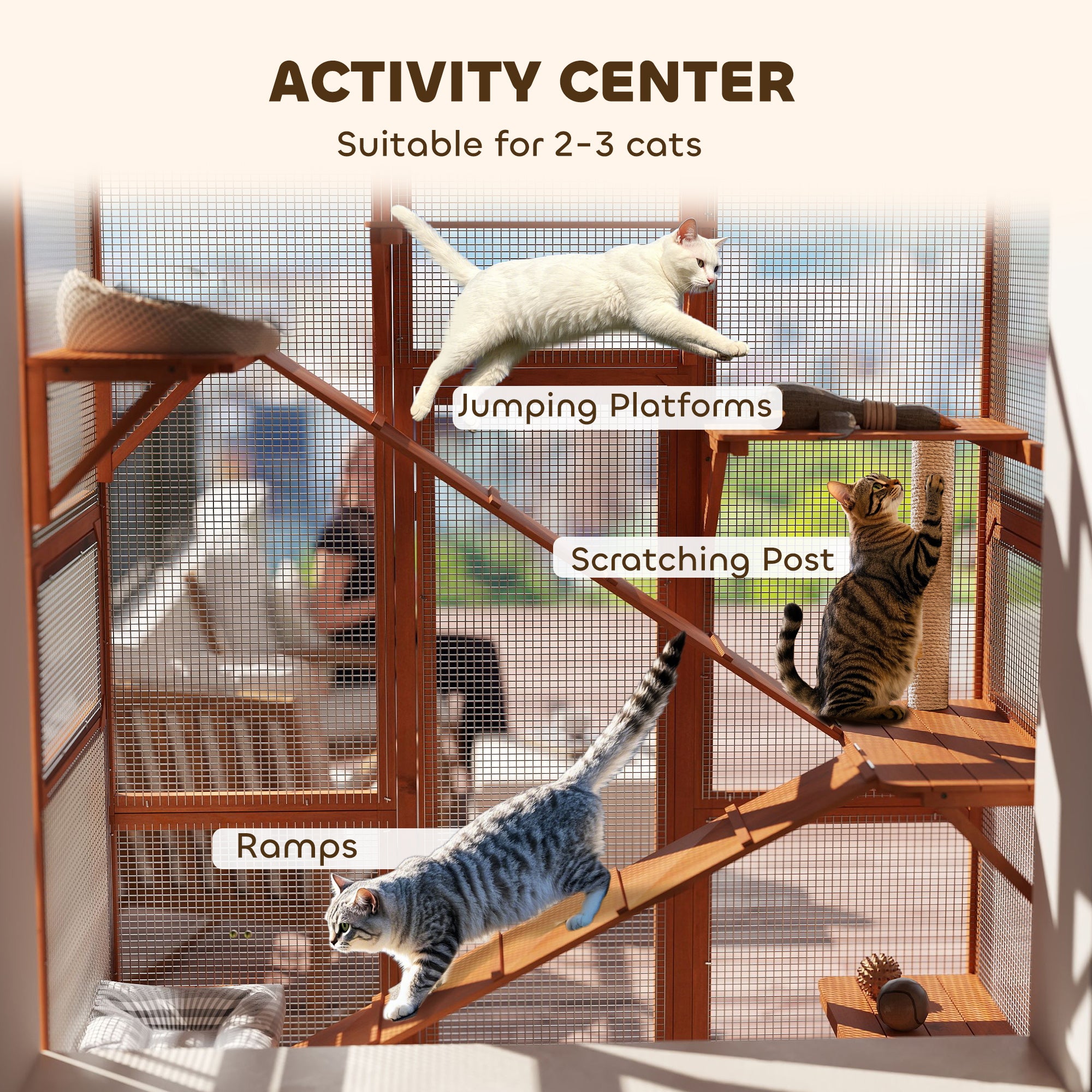 PawHut Outdoor Catio Cat Enclosure, Large Wooden Cat House with 6 Jumping Platforms, Scratching Post, 2 Ramps, Waterproof Roof, Cat Cage Window Access for 2-3 Kittens, 99" H, Orange