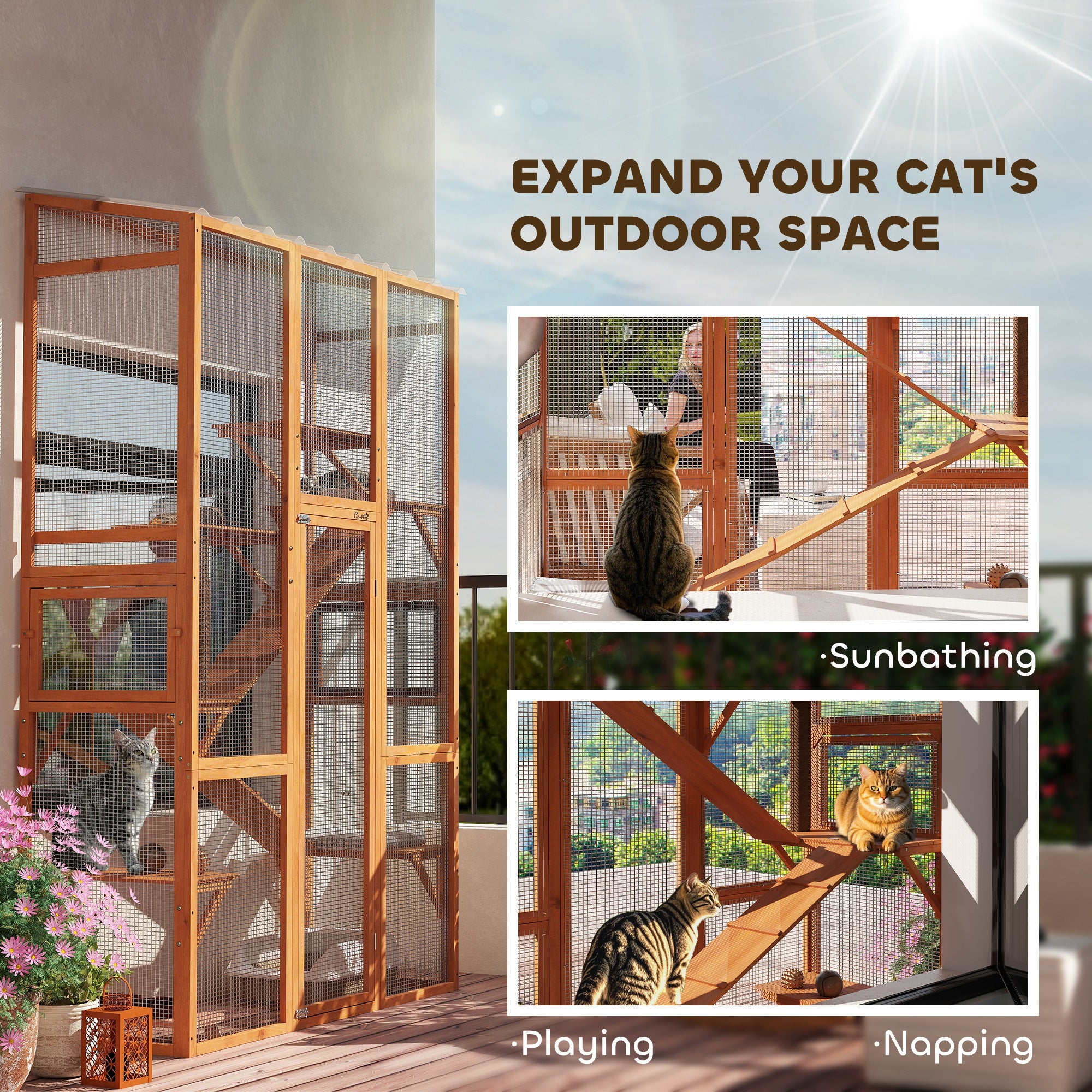 PawHut Outdoor Catio Cat Enclosure, Large Wooden Cat House with 6 Jumping Platforms, Scratching Post, 2 Ramps, Waterproof Roof, Cat Cage Window Access for 2-3 Kittens, 99" H, Orange