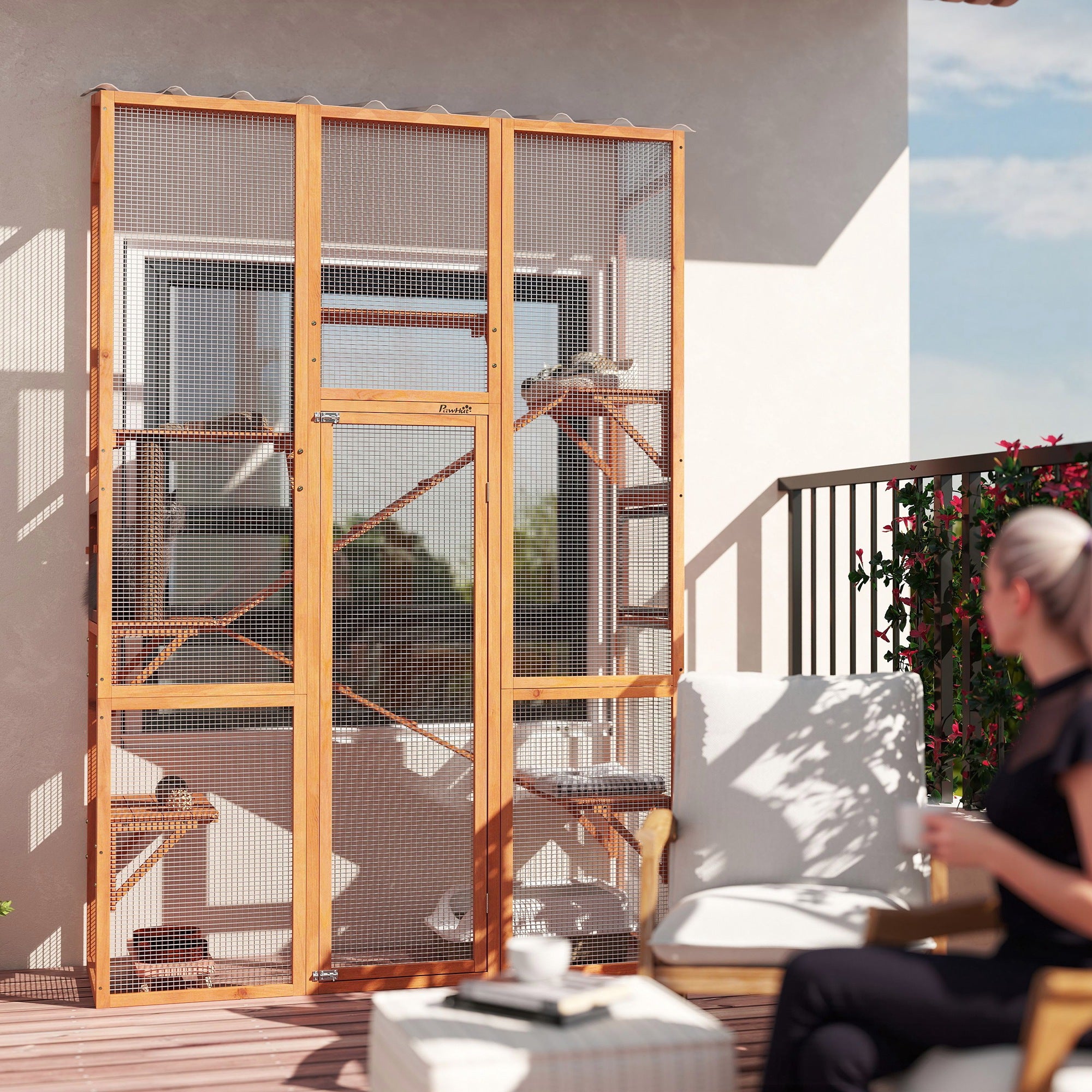 PawHut Outdoor Catio Cat Enclosure, Large Wooden Cat House with 6 Jumping Platforms, Scratching Post, 2 Ramps, Waterproof Roof, Cat Cage Window Access for 2-3 Kittens, 99" H, Orange