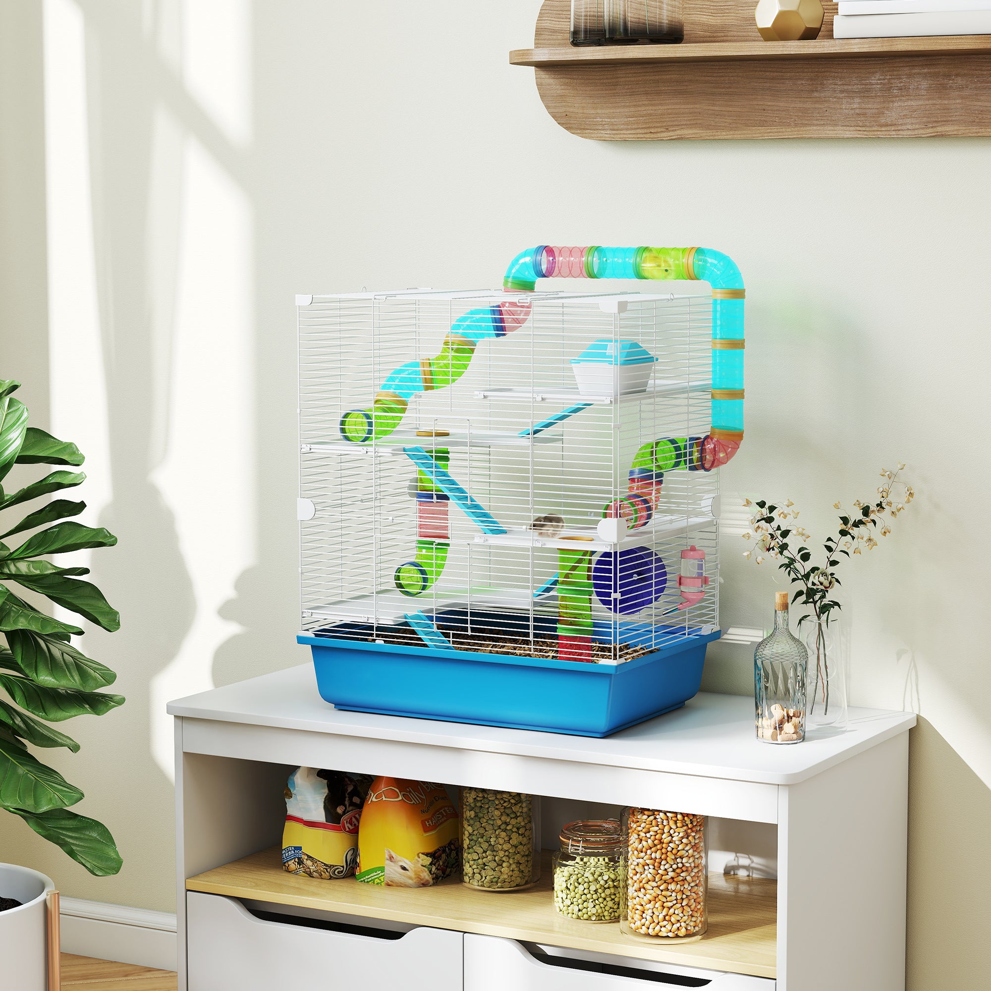 Hamster Cage, Large Small Animal House, 5-Level Guinea Pig Cage Gerbil Haven, Tunnel Tube System, with Water Bottle, Exercise Wheel, Food Dish, Ramps, Blue